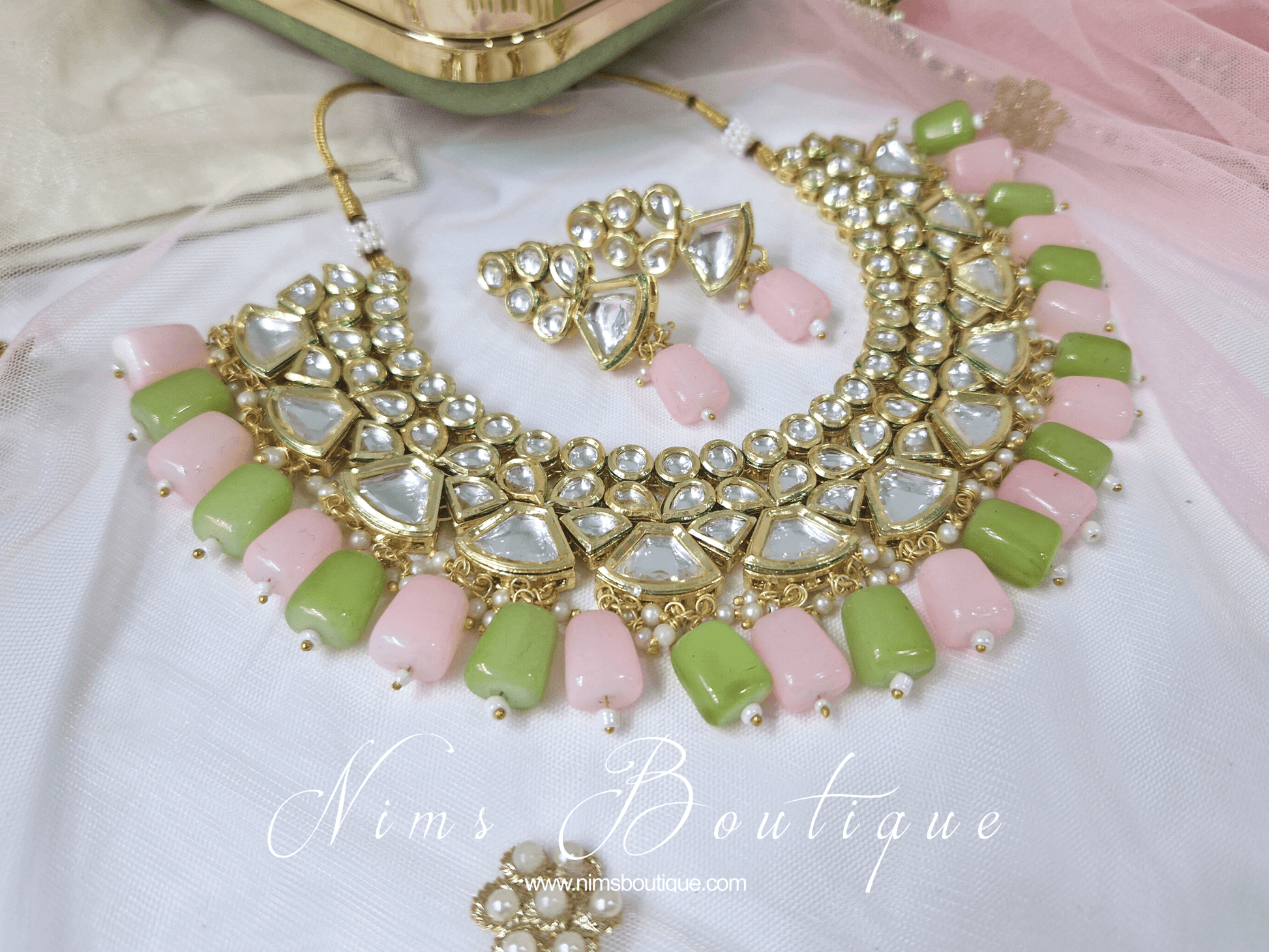 Nims Boutique Freya Mint & Pink Kundan Set