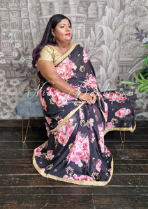 La Floraison Black Floral Georgette Saree