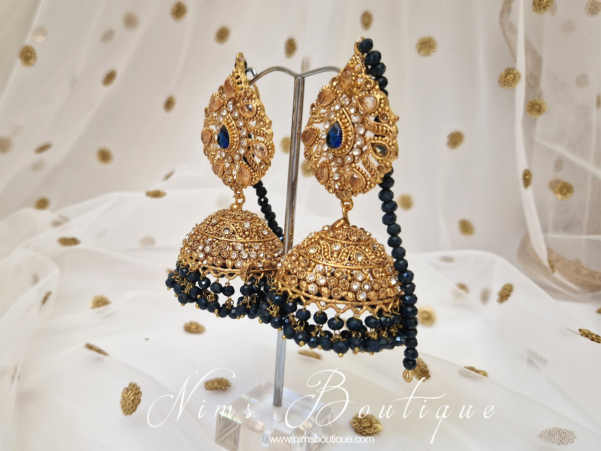 Nims Boutique Anjali Navy Chumke with earring chains & navy stone