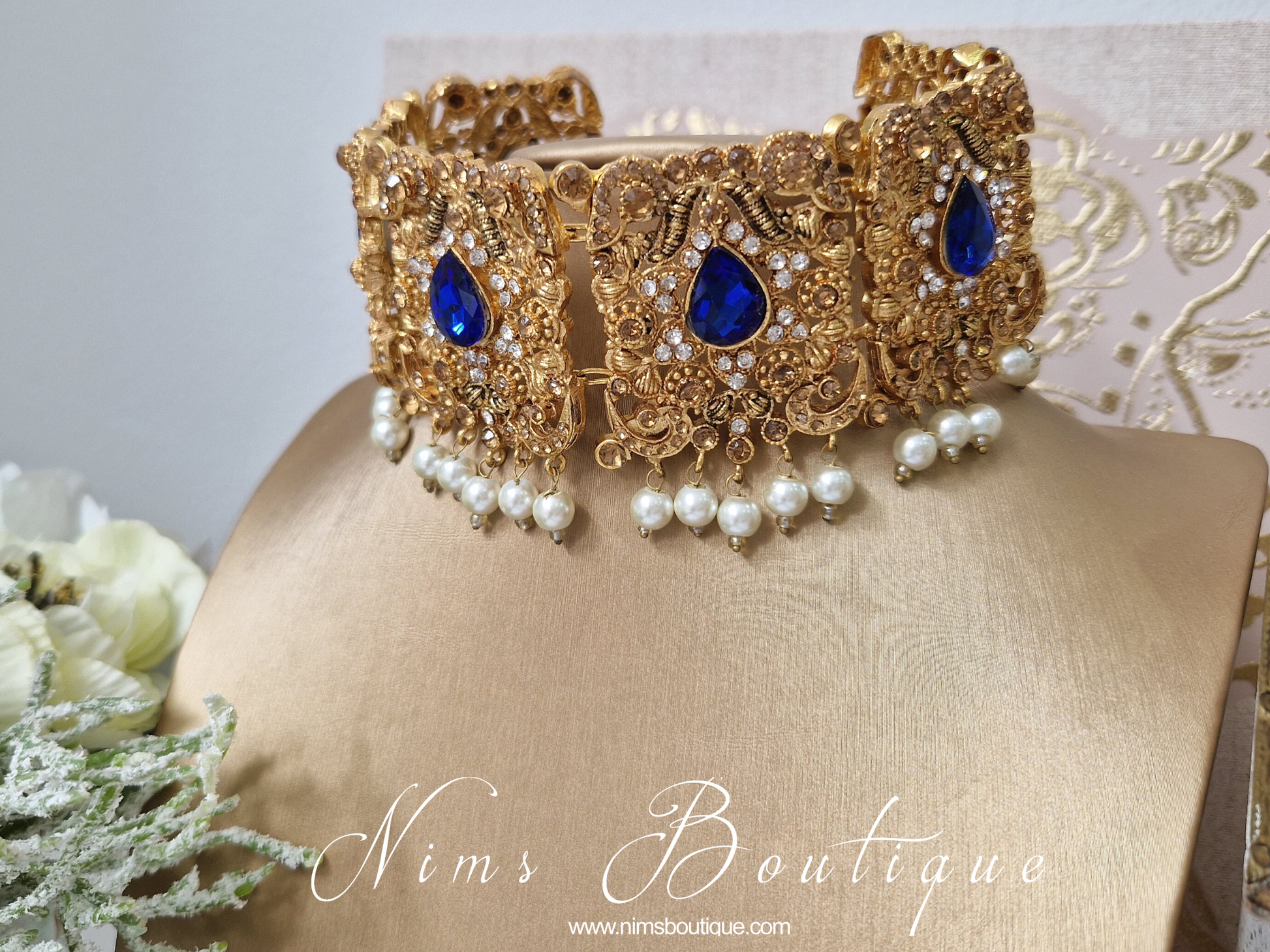 Nims Boutique Royal Blue Stone & Pearl Maharani Choker Set