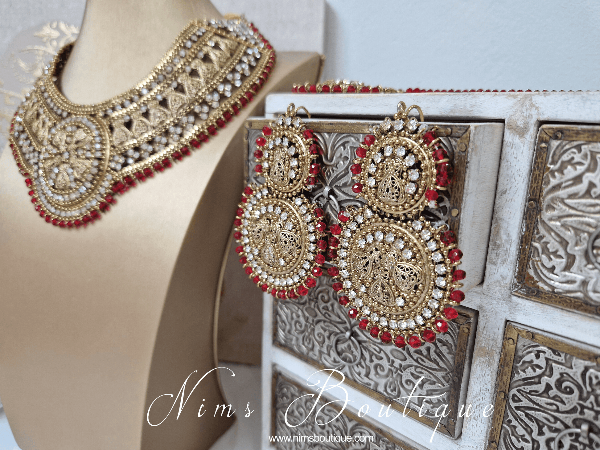 Nims Boutique Madhubala Antique Gold & Red Bridal Set