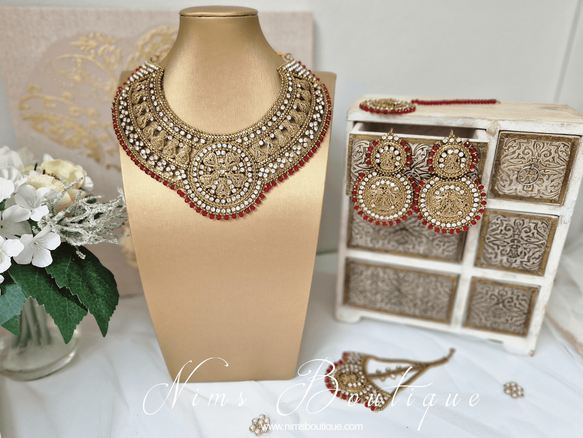 Nims Boutique Madhubala Antique Gold & Red Bridal Set