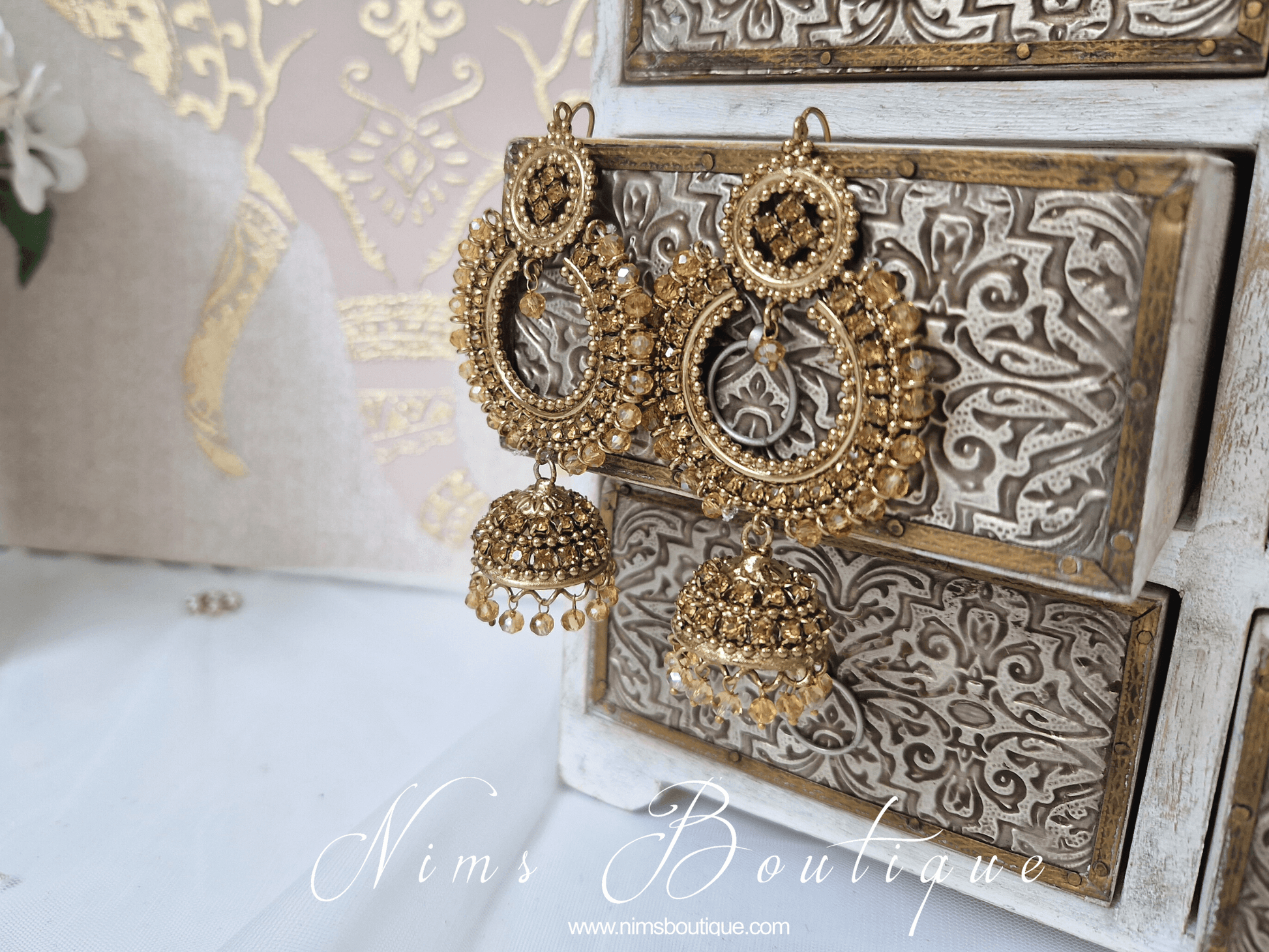 Nims Boutique Nish Antique Gold & Gold Stone Chumka Earrings