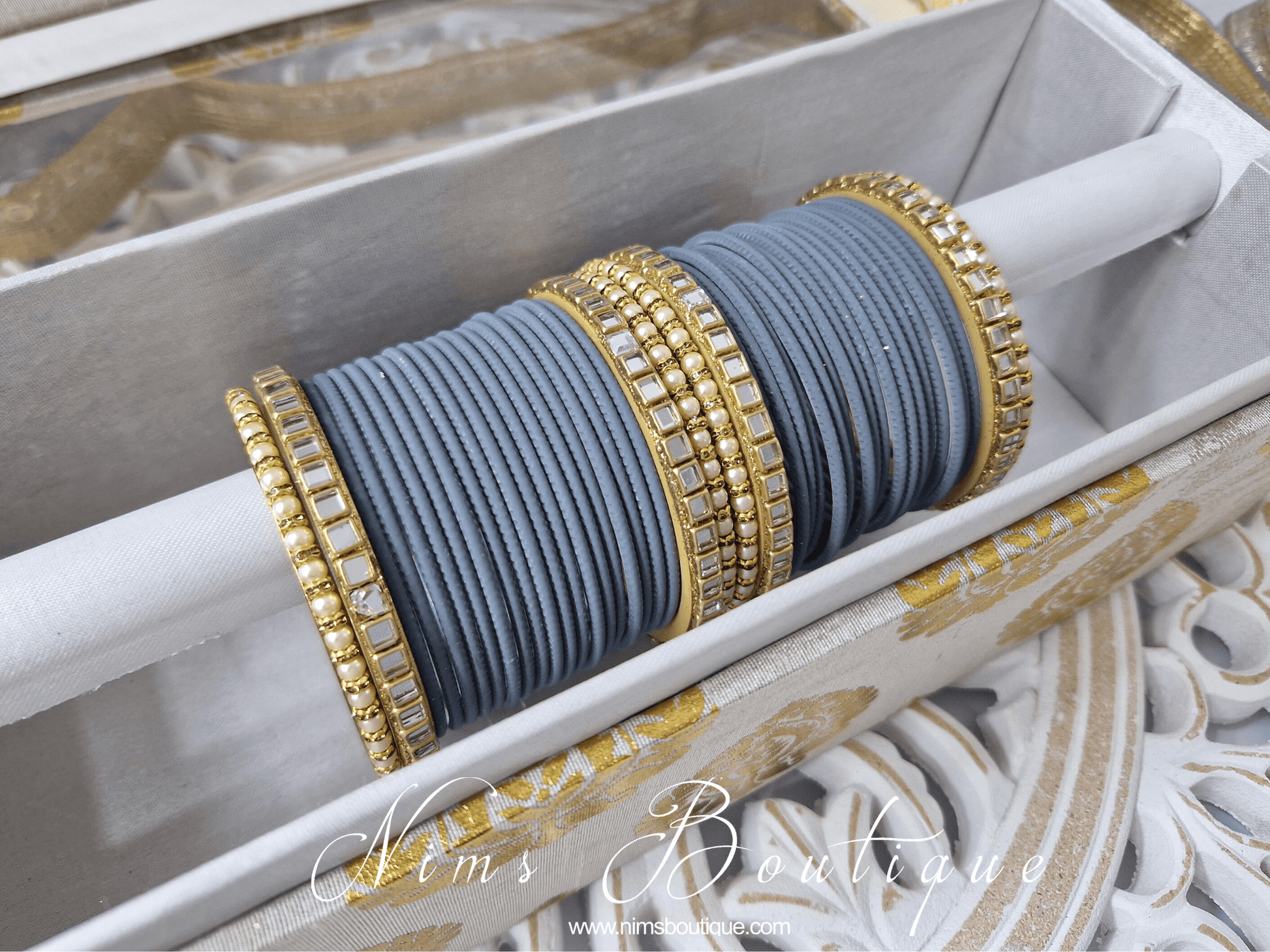 Nims Boutique Grey & Kundan Set of Bangles GN