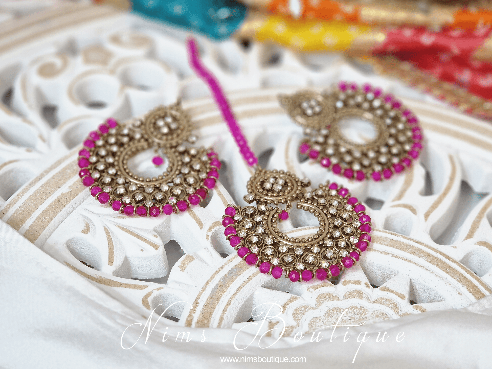 Nims Boutique Royal Antique Gold & Hot Pink Chand Tikka Set