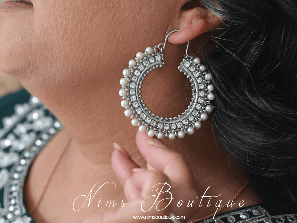 Nims Boutique Royal Silver Chand Bali Earrings with Pearl 