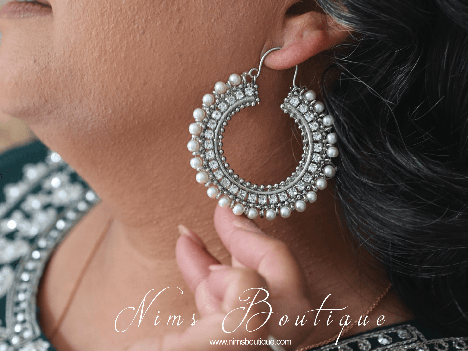Nims Boutique Royal Silver Chand Bali Earrings with Pearl 