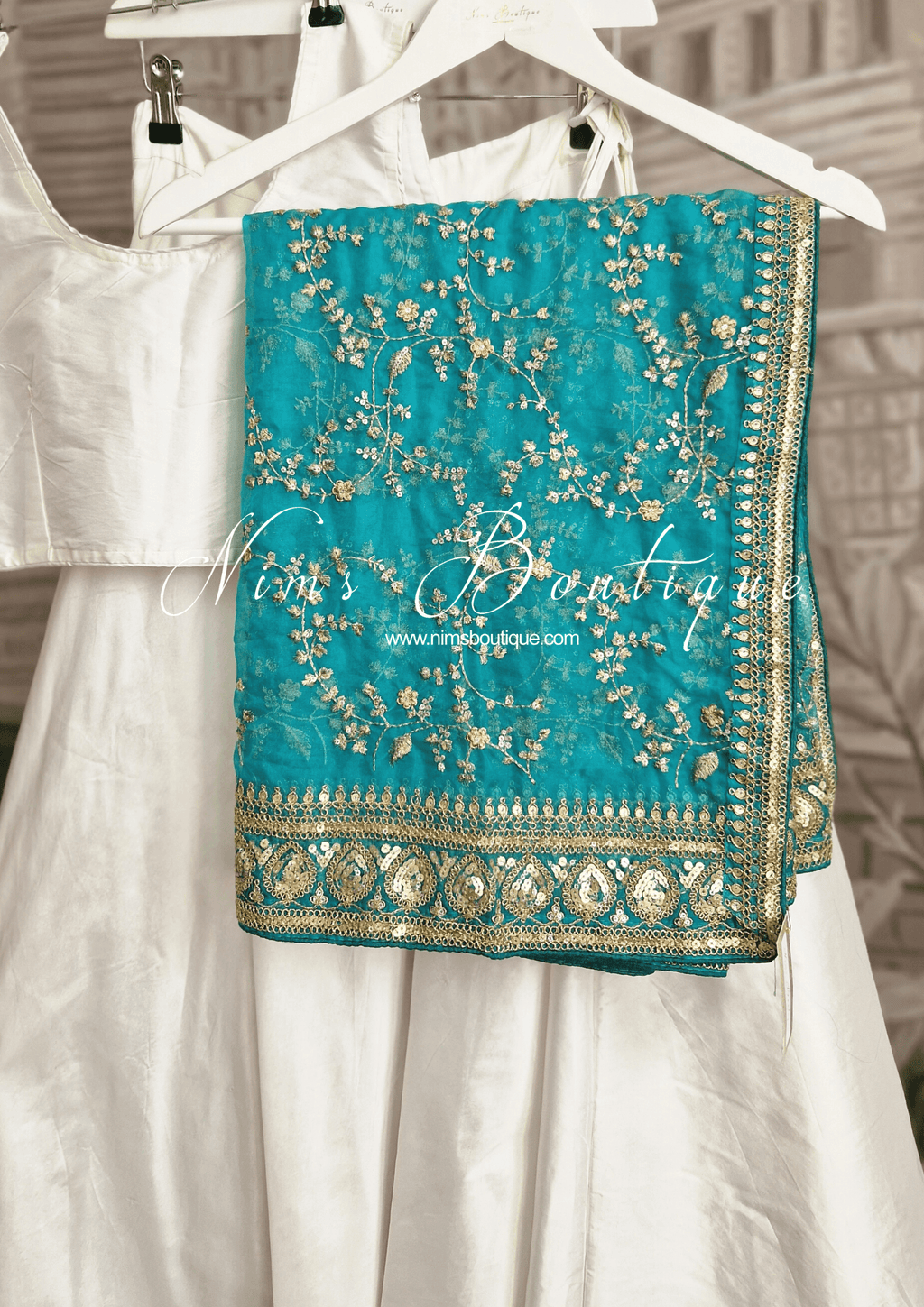 Nims Boutique Mahi Luxury Bright Teal Organza Embroidered Dupatta/Chunni