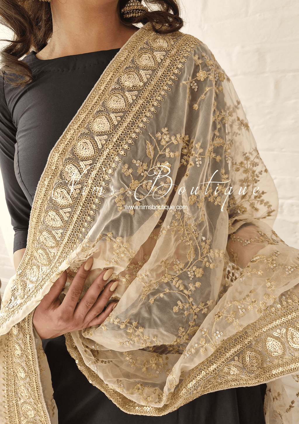 Nims Boutique Mahi Luxury Light Gold Organza Embroidered Dupatta/Chunni