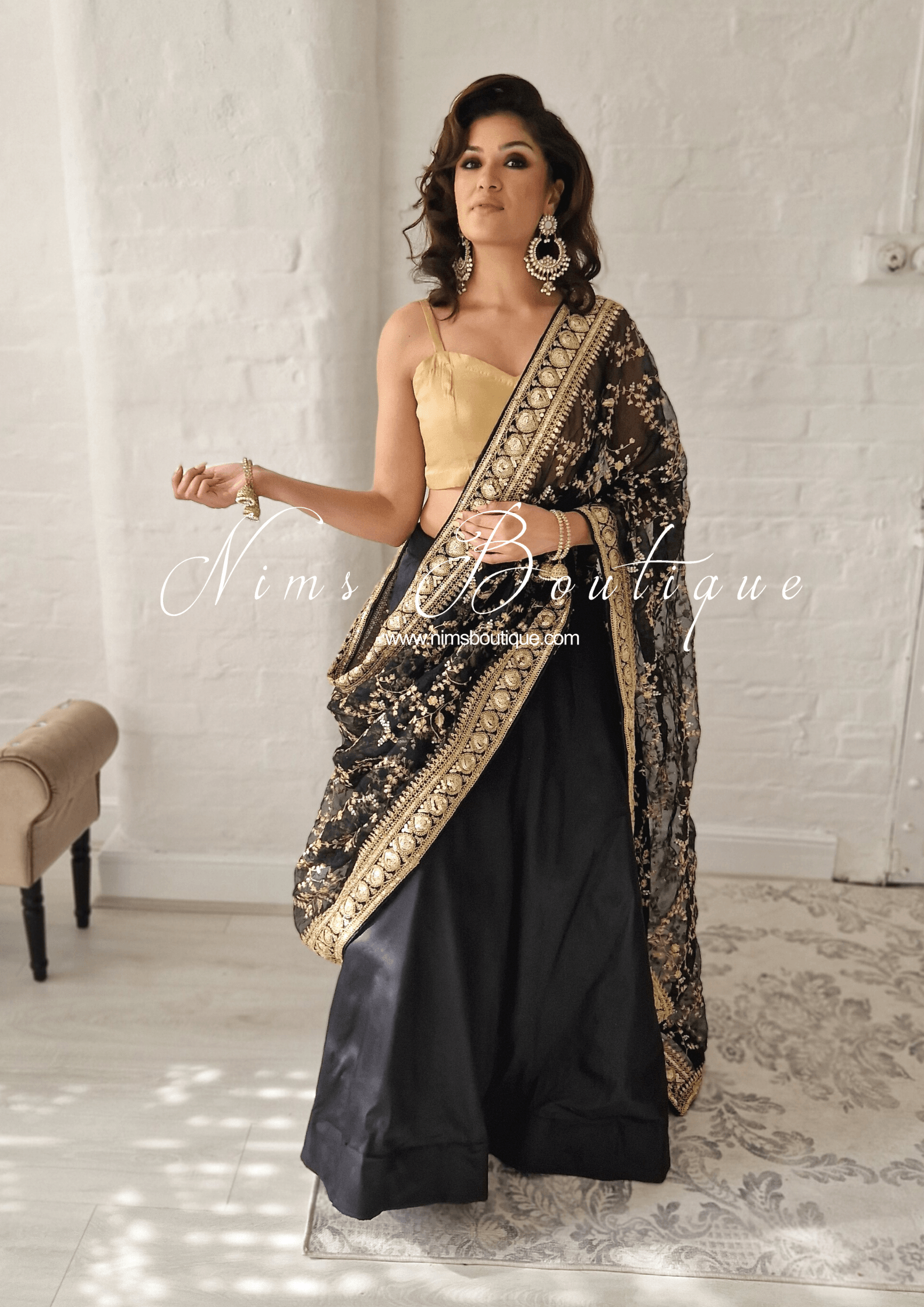 Nims Boutique Mahi Luxury Black Organza Embroidered Dupatta/Chunni