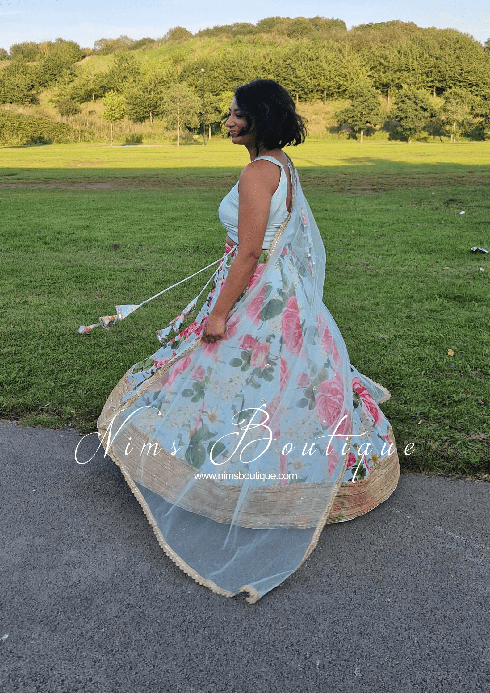 Nims Boutique Tara Luxury Silk Mint & Floral Lehnga