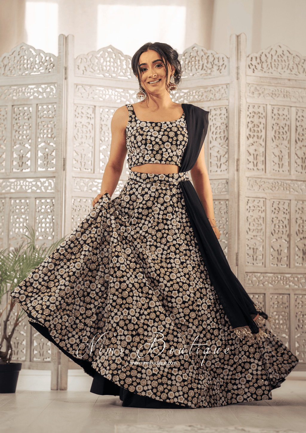 Nims Boutique Luxury Black & Ivory Sequin Bow Lehnga 6-14