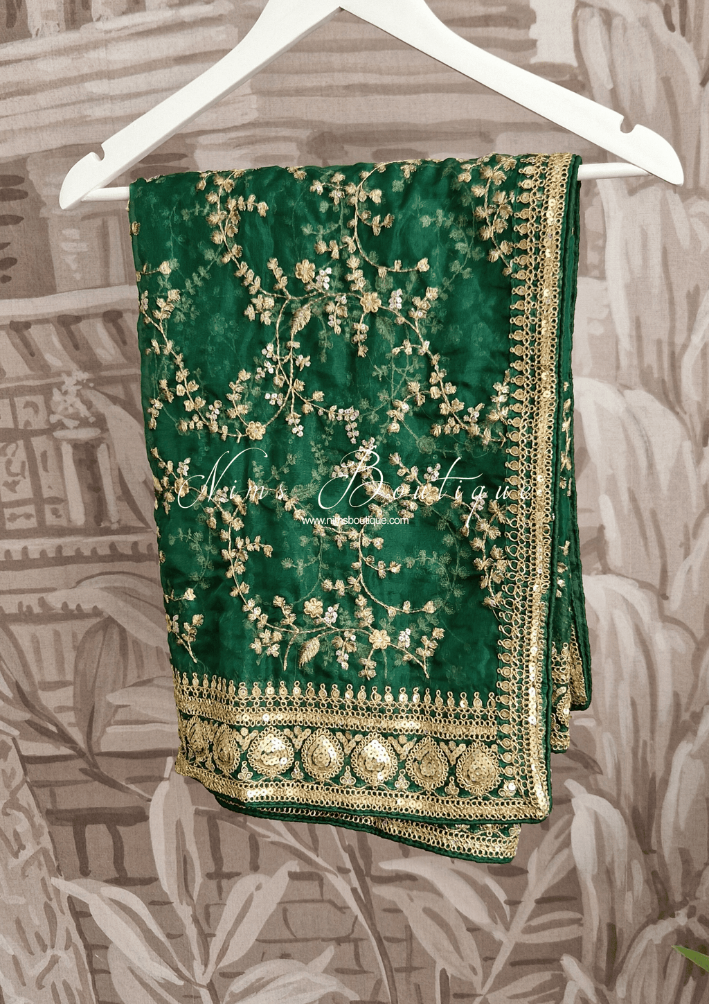 Nims Boutique Mahi Luxury Dark Green Organza Embroidered Dupatta/Chunni