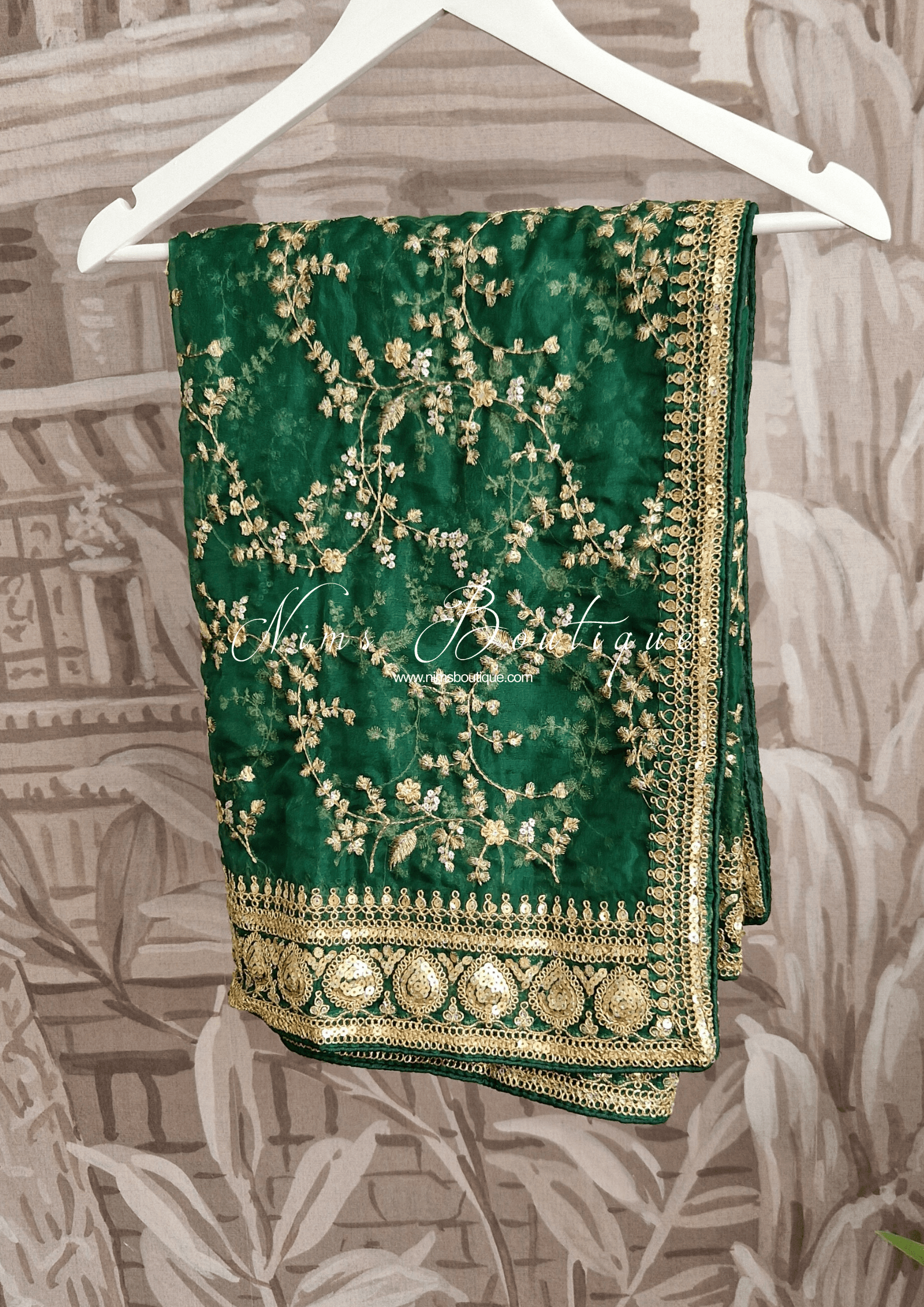 Nims Boutique Mahi Luxury Dark Green Organza Embroidered Dupatta/Chunni