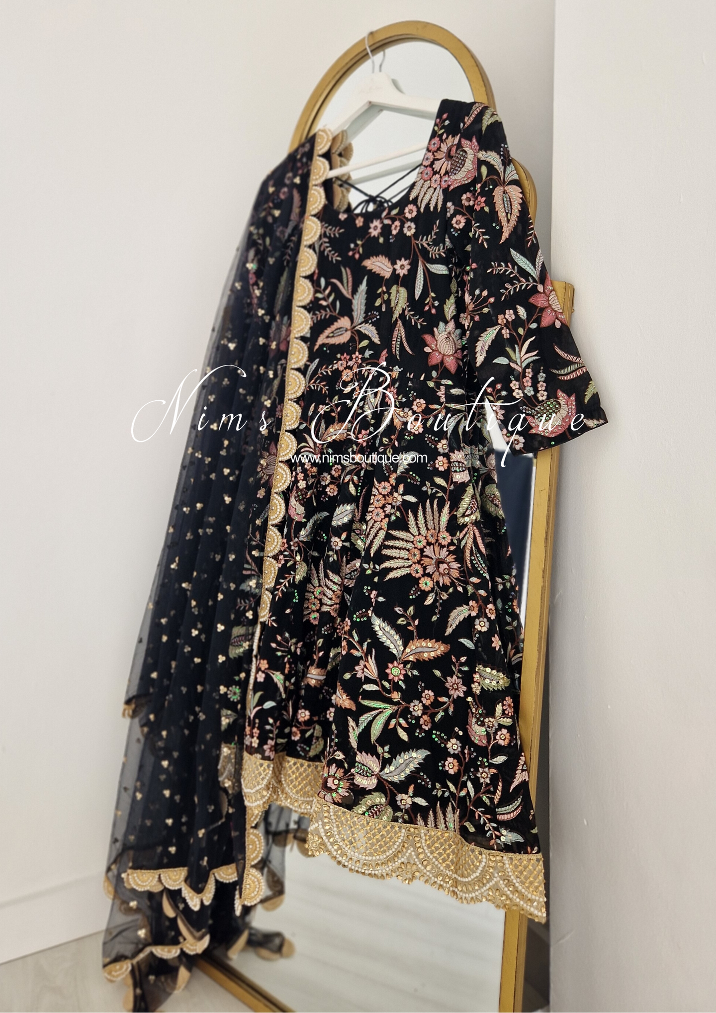 Nims Boutique Sarika Black Luxury Long Sleeved Anarkali Suit with Pajami sizes 4-14