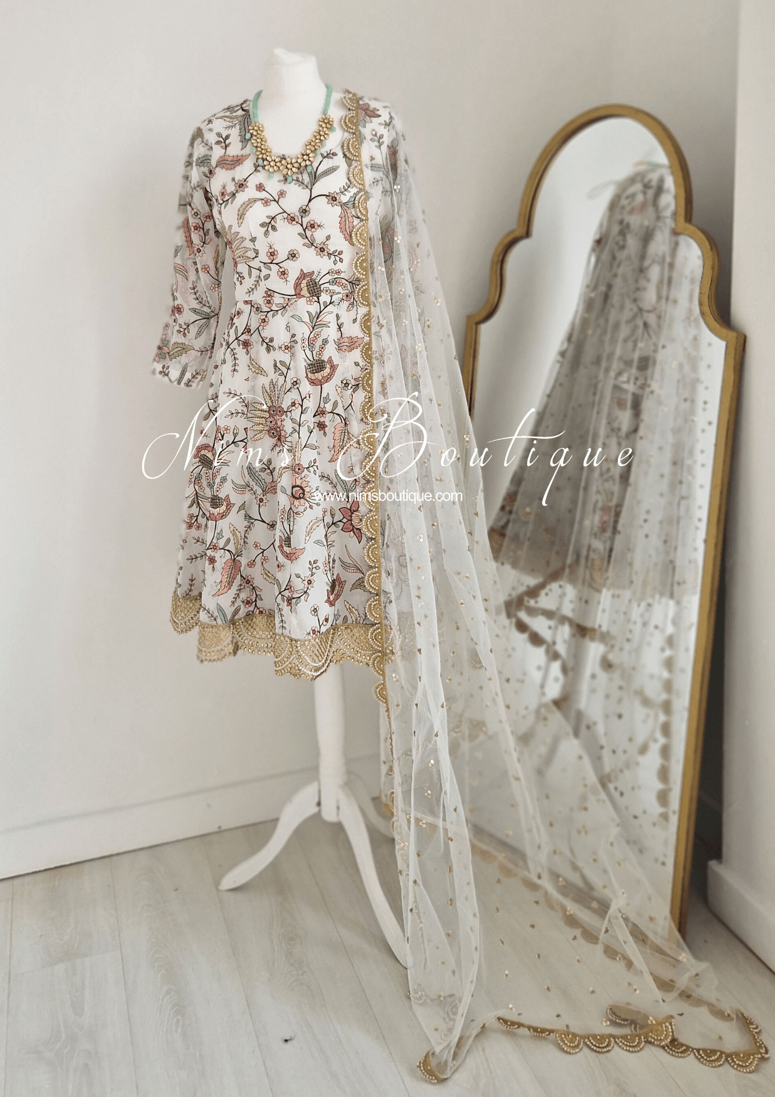 Nims Boutique Sarika White Luxury Long Sleeved Anarkali Suit with Pajami sizes 4-14