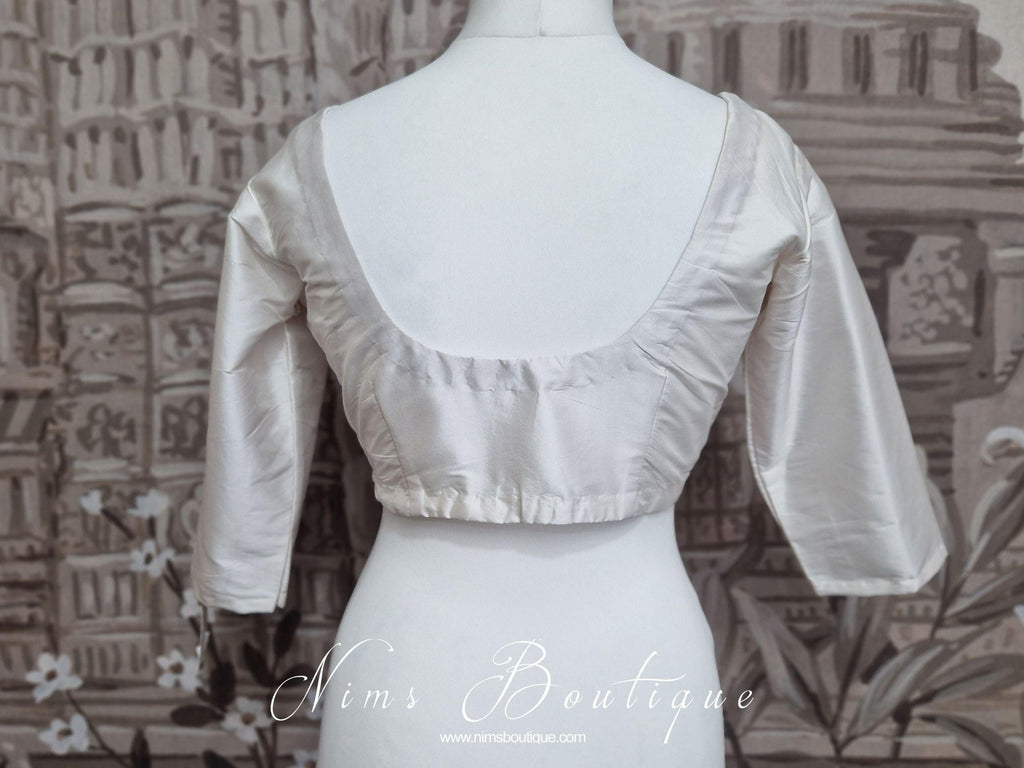 Nims Boutique White Pure Silk Scoop Neck Blouse with sleeves 4-26