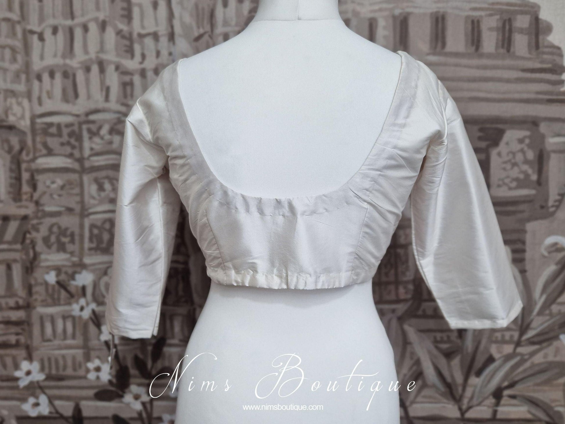 Nims Boutique White Pure Silk Scoop Neck Blouse with sleeves 4-26