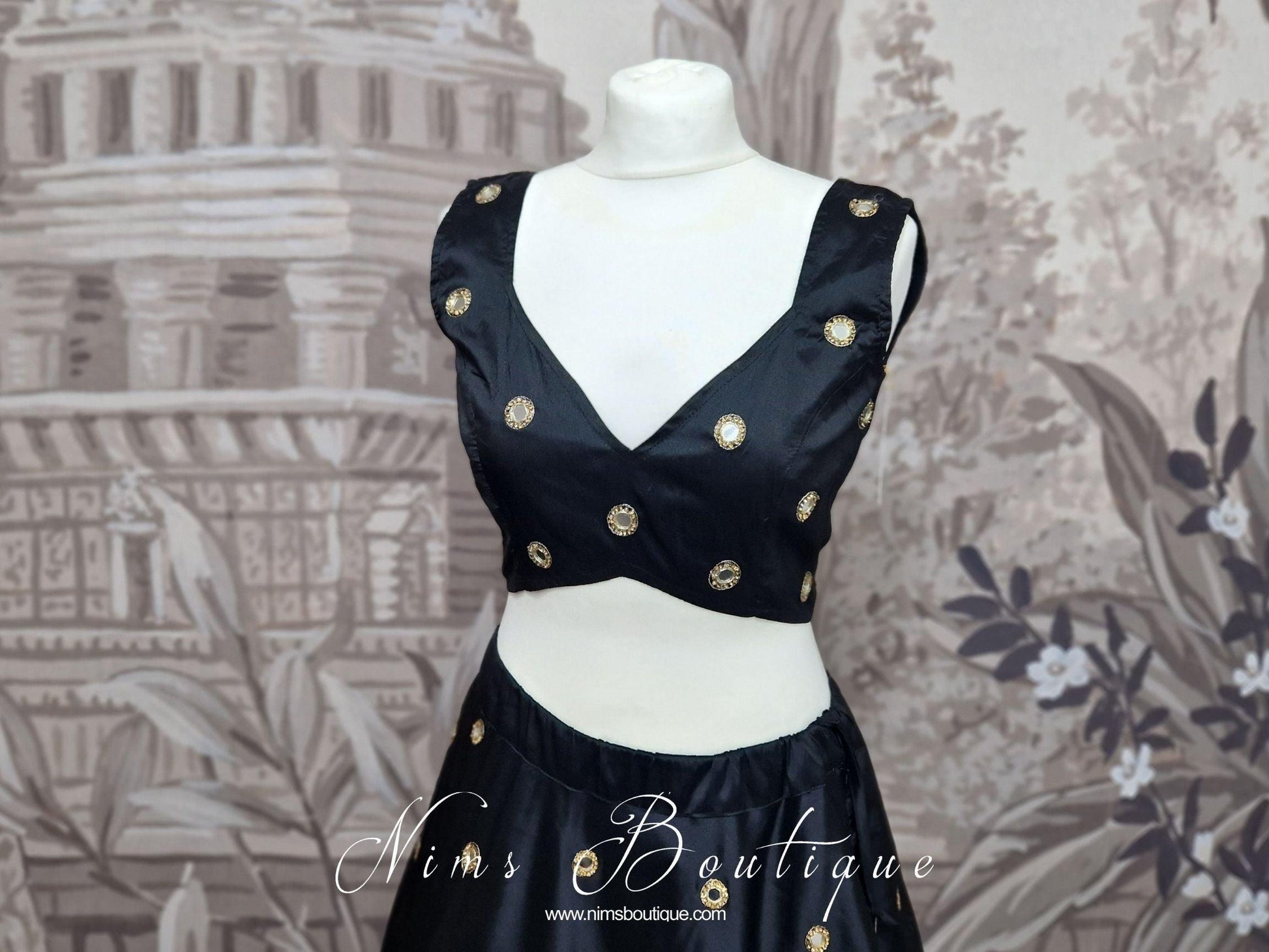 Nims Boutique Rani Luxury Black Silk Mirror Blouse size 4-22