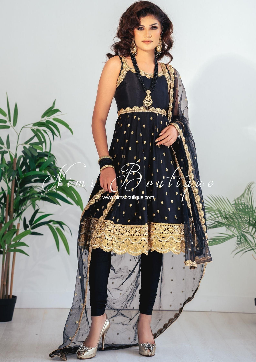 Nims Boutique The NB Luxury Black Silk Anarkali with Pajami size 4-16