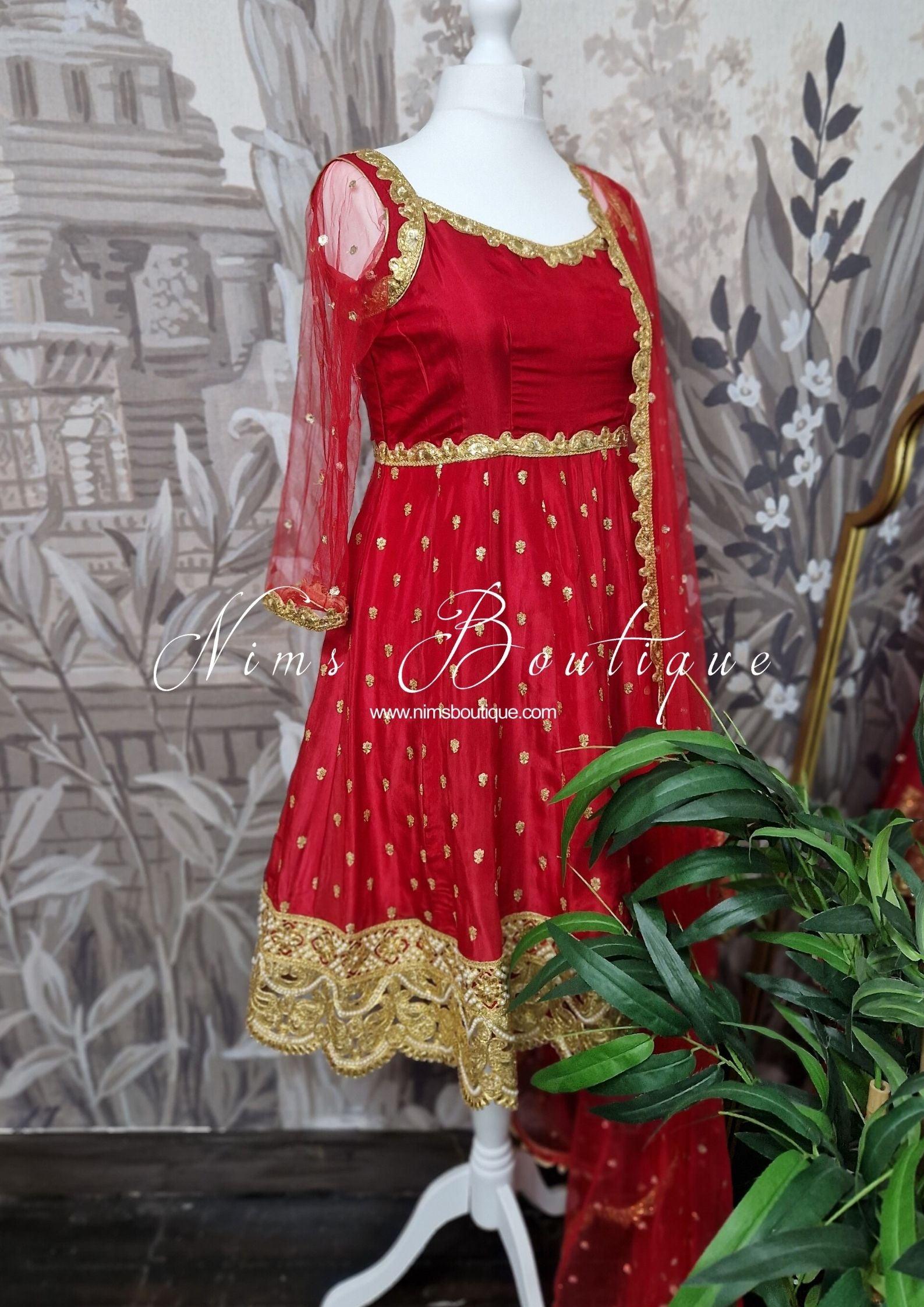 Nims Boutique The NB Luxury Red Silk Anarkali Pajami Suit with sleeves size 12-24