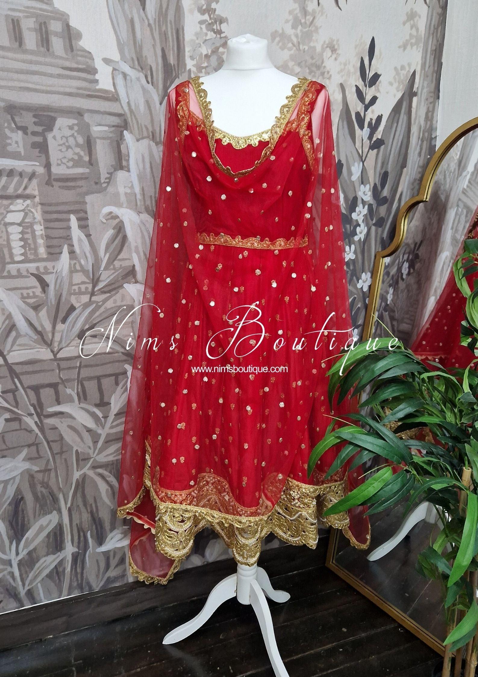 Nims Boutique The NB Luxury Red Silk Anarkali with Pajami size 4-12