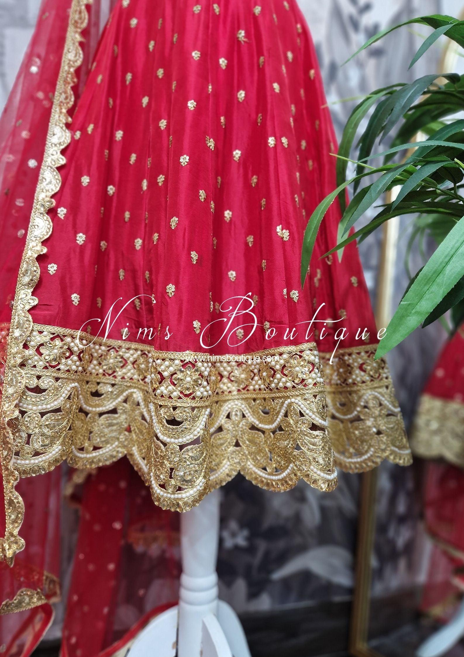 Nims Boutique The NB Luxury Red Silk Anarkali with Pajami size 4-12