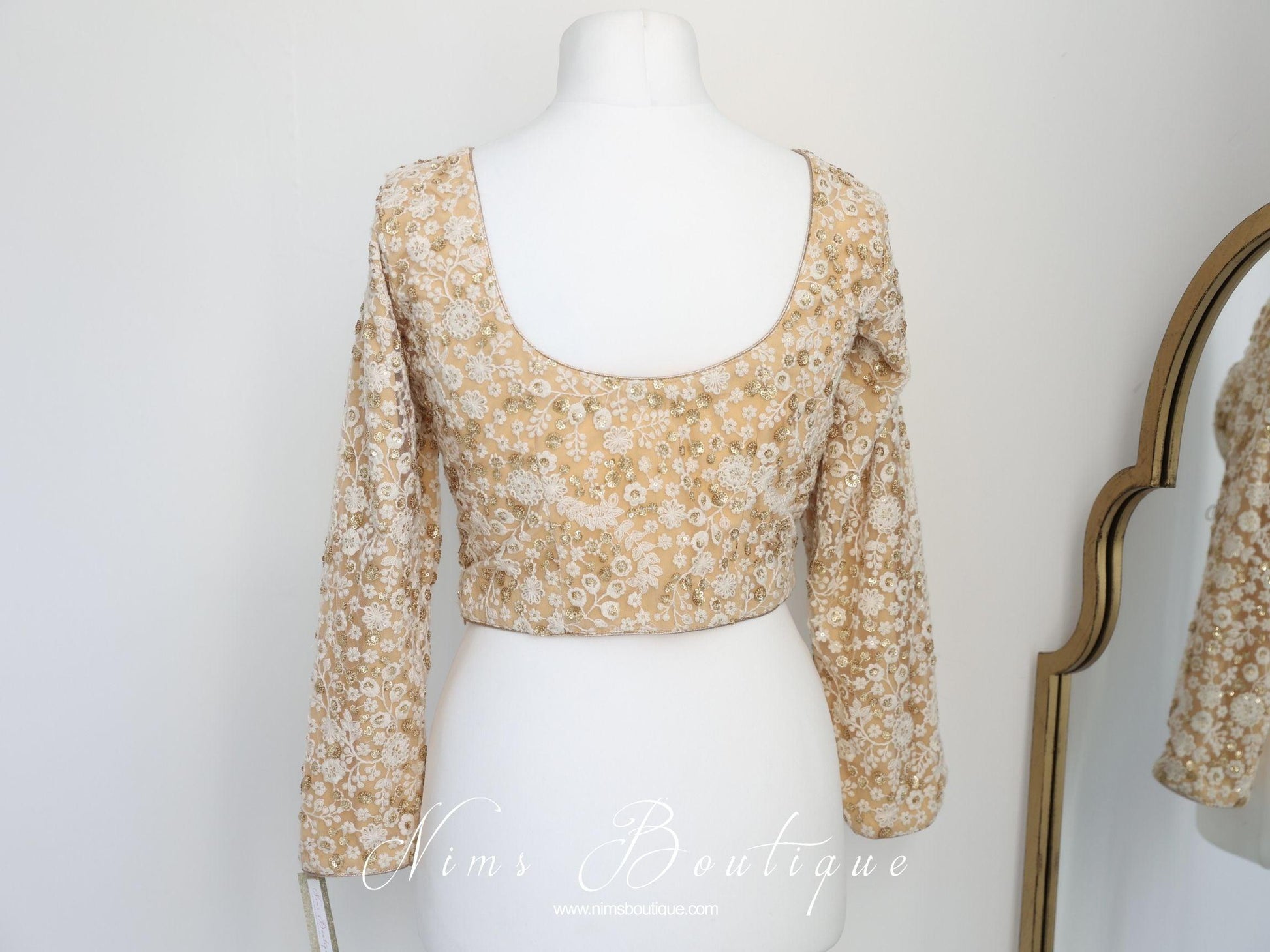 Nims Boutique Luxury Ivory & Gold Thread Embroidered Long sleeved Blouse size 10-24