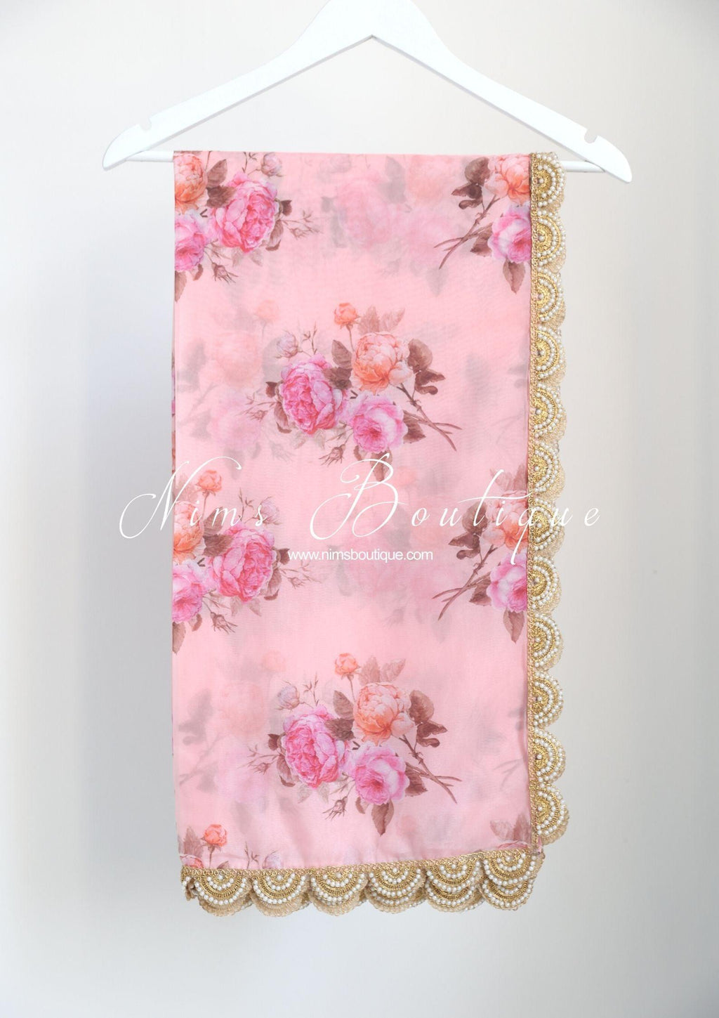 Nims Boutique Luxury Peach Organza Floral Dupatta/Chunni with Pearl Edging
