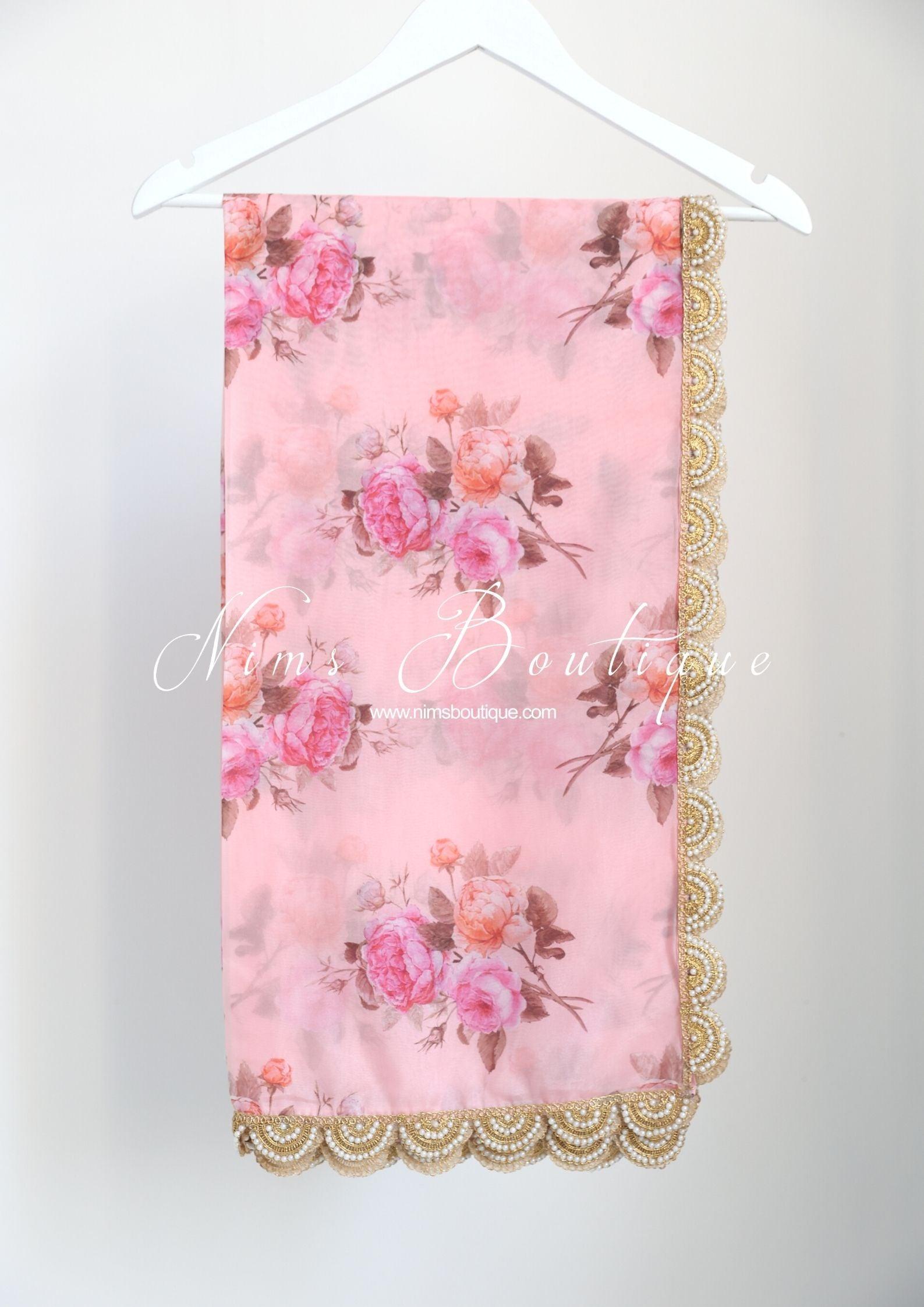 Nims Boutique Luxury Peach Organza Floral Dupatta/Chunni with Pearl Edging