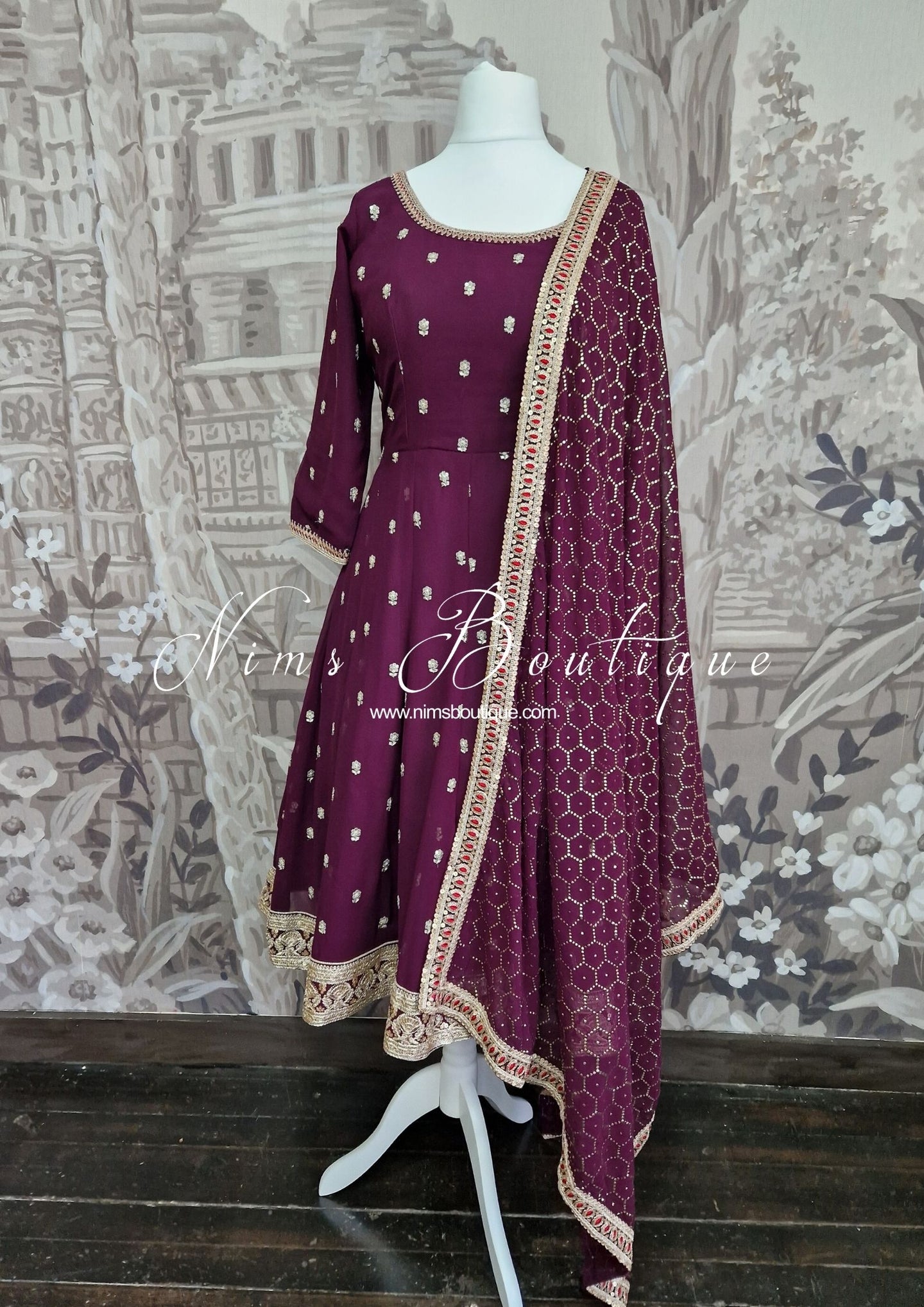 Aubergine Embellished Frock Pajami Suit with sleeves (10-12)