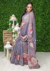 Grey Floral Print Sari Pearl Edging