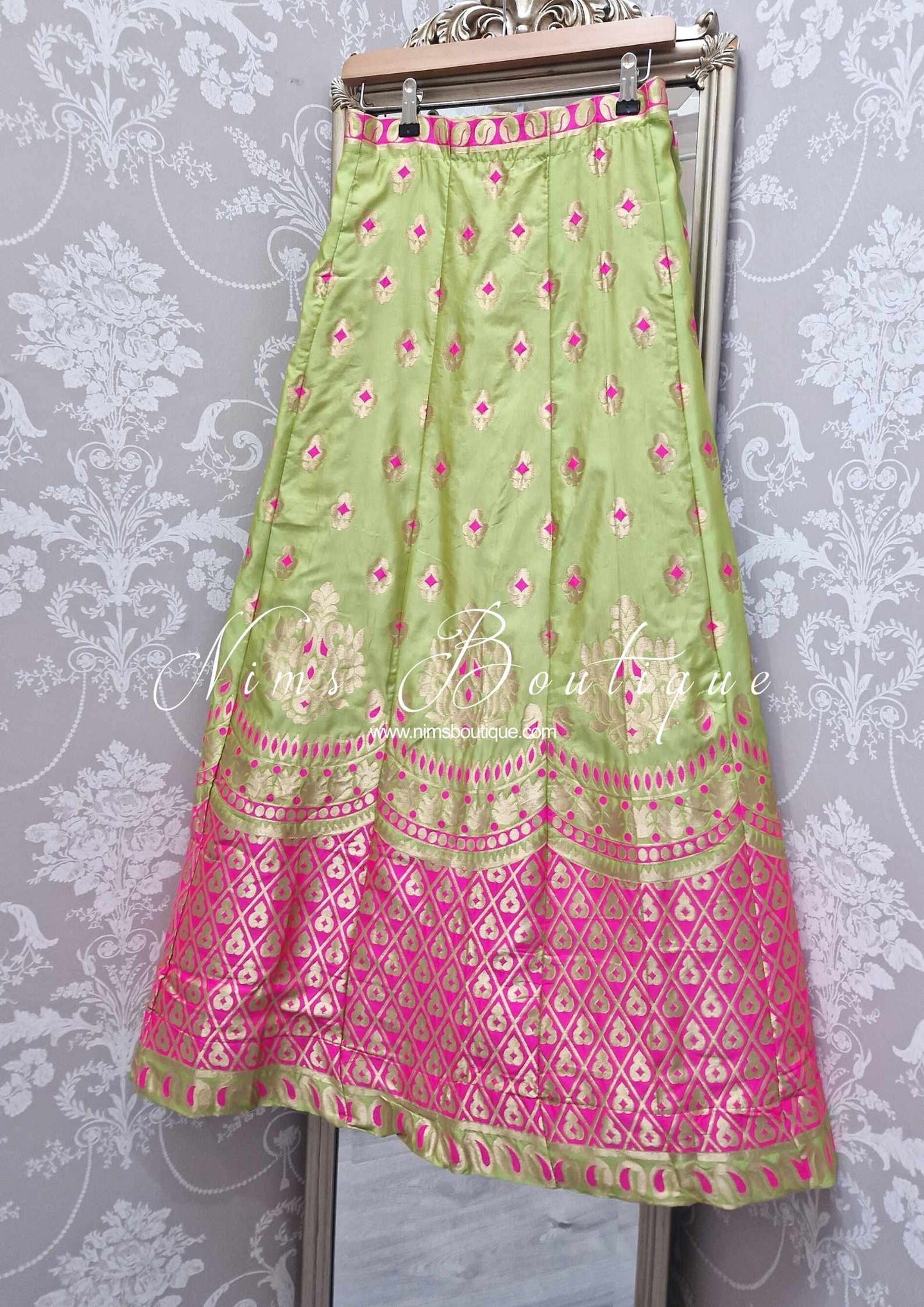 Lime Green & Hot Pink Brocade Semi stitched skirt/lehnga