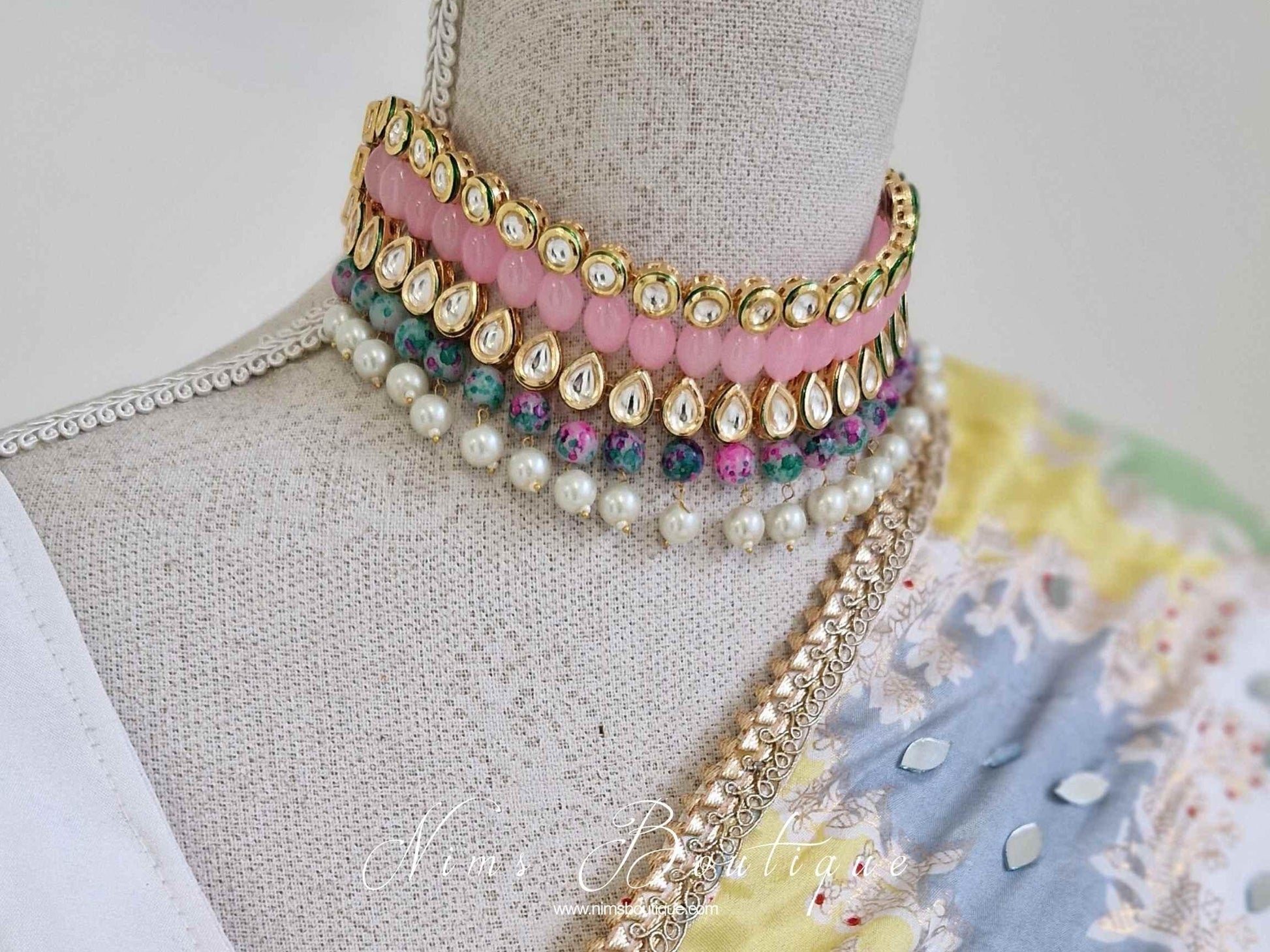 Nims Boutique Pavan Pastel Pink Kundan & Green Floral Bead Choker Set