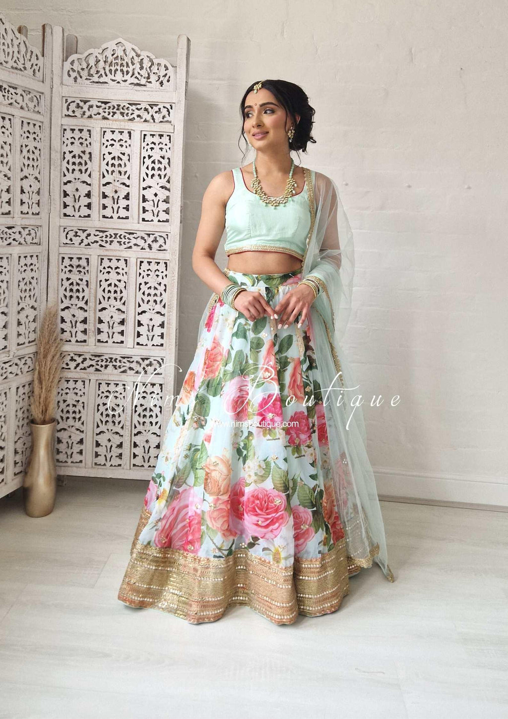 Nims Boutique Tara Luxury Silk Mint & Floral Lehnga