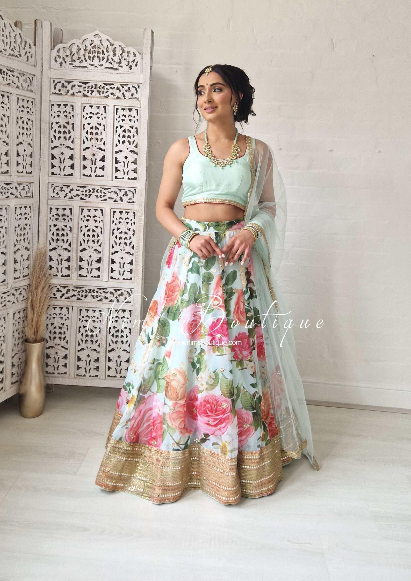 Nims Boutique Tara Luxury Silk Mint & Floral Lehnga