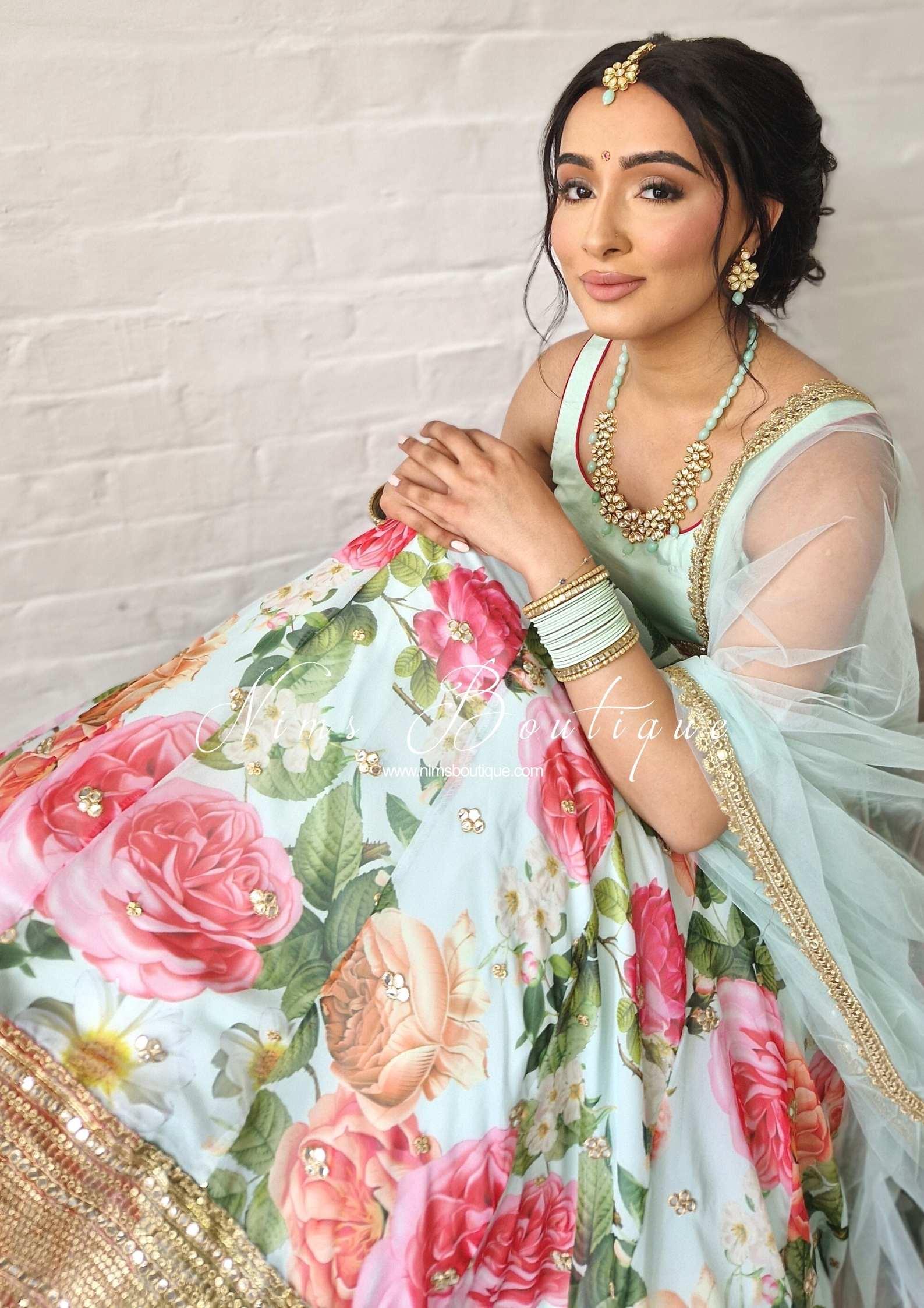 Nims Boutique Tara Luxury Silk Mint & Floral Lehnga