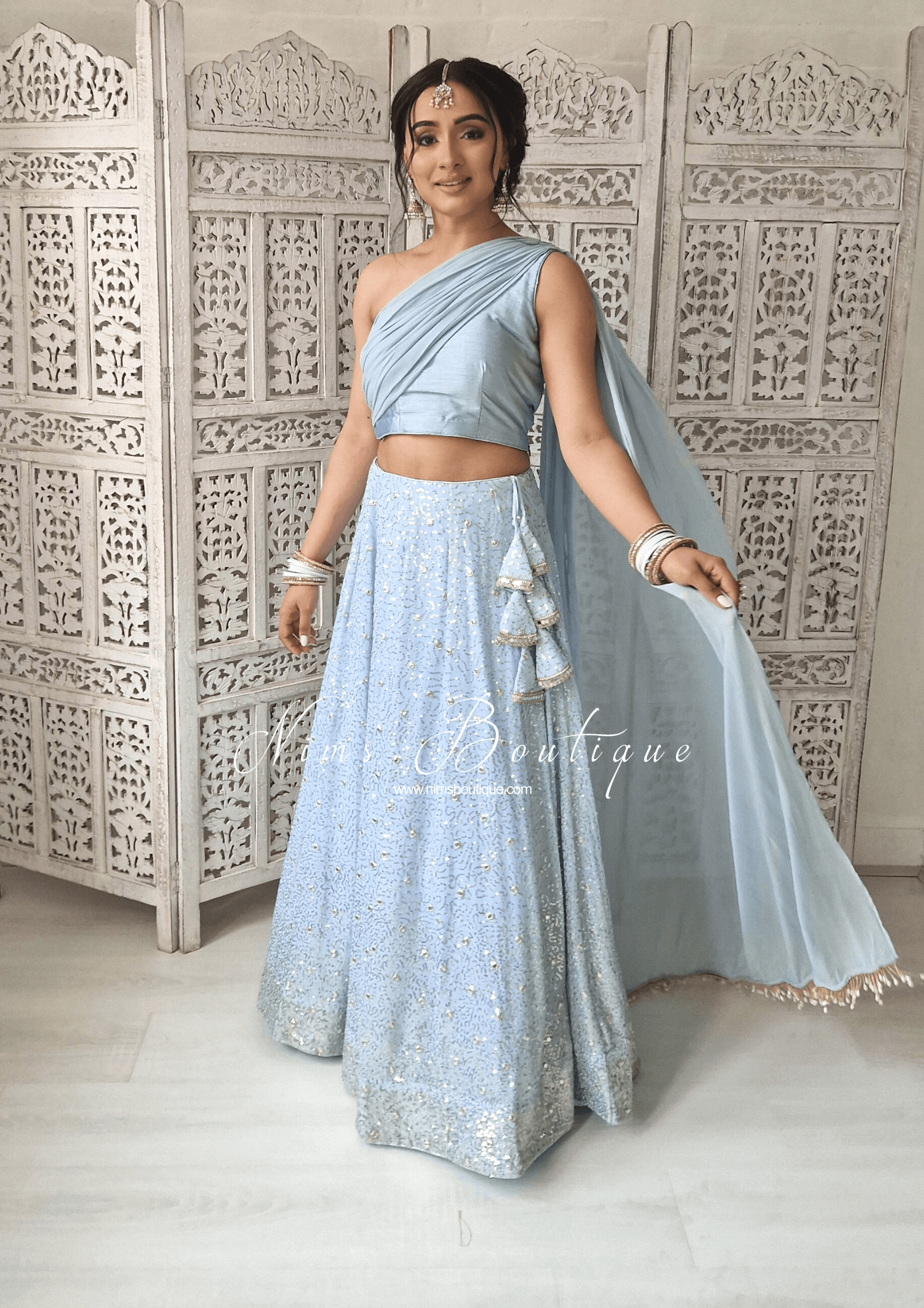 Nims Boutique Arya Powder Blue Luxury One Shoulder & Dupatta blouse 4-10