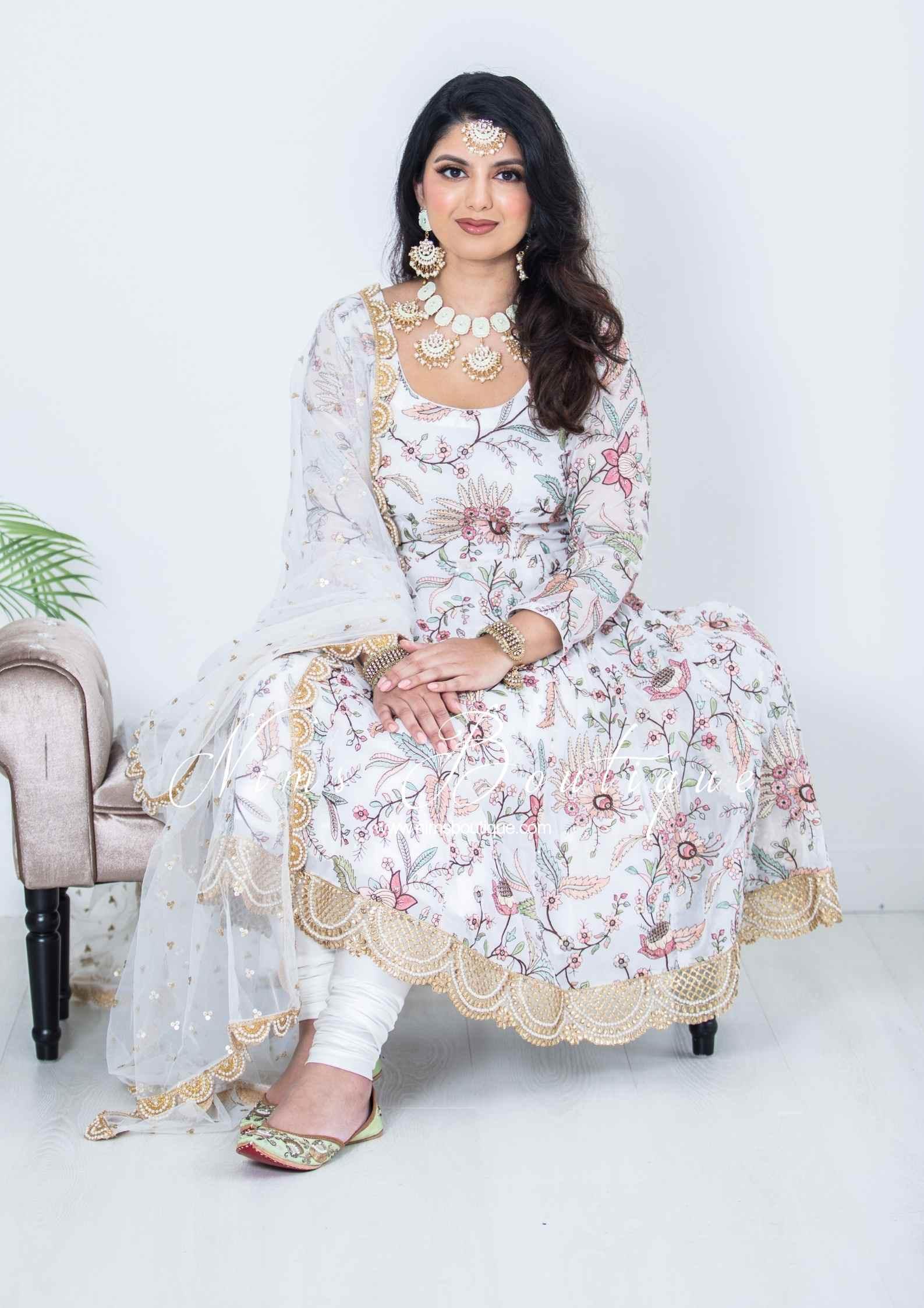 Nims Boutique Sarika White Luxury Long Sleeved Anarkali Suit with Pajami sizes 4-14