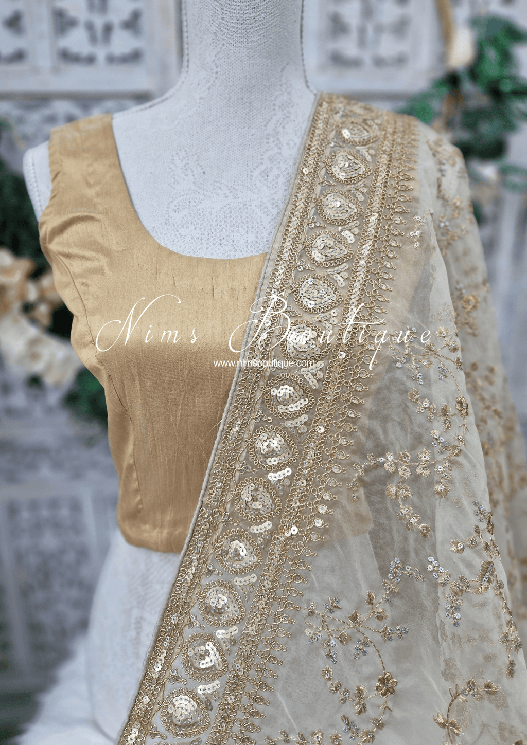 Nims Boutique Mahi Luxury Light Gold Organza Embroidered Dupatta/Chunni