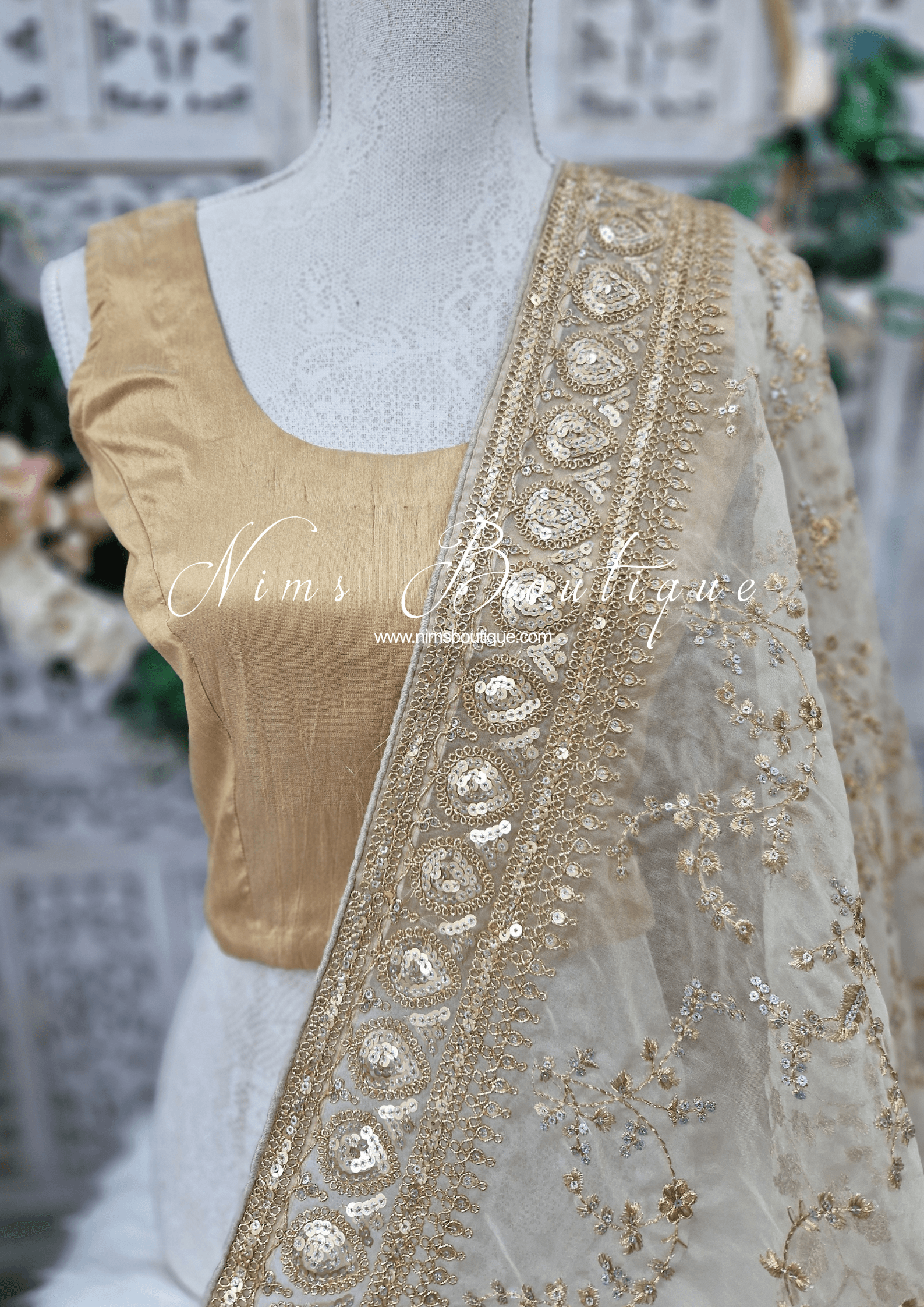 Nims Boutique Mahi Luxury Light Gold Organza Embroidered Dupatta/Chunni