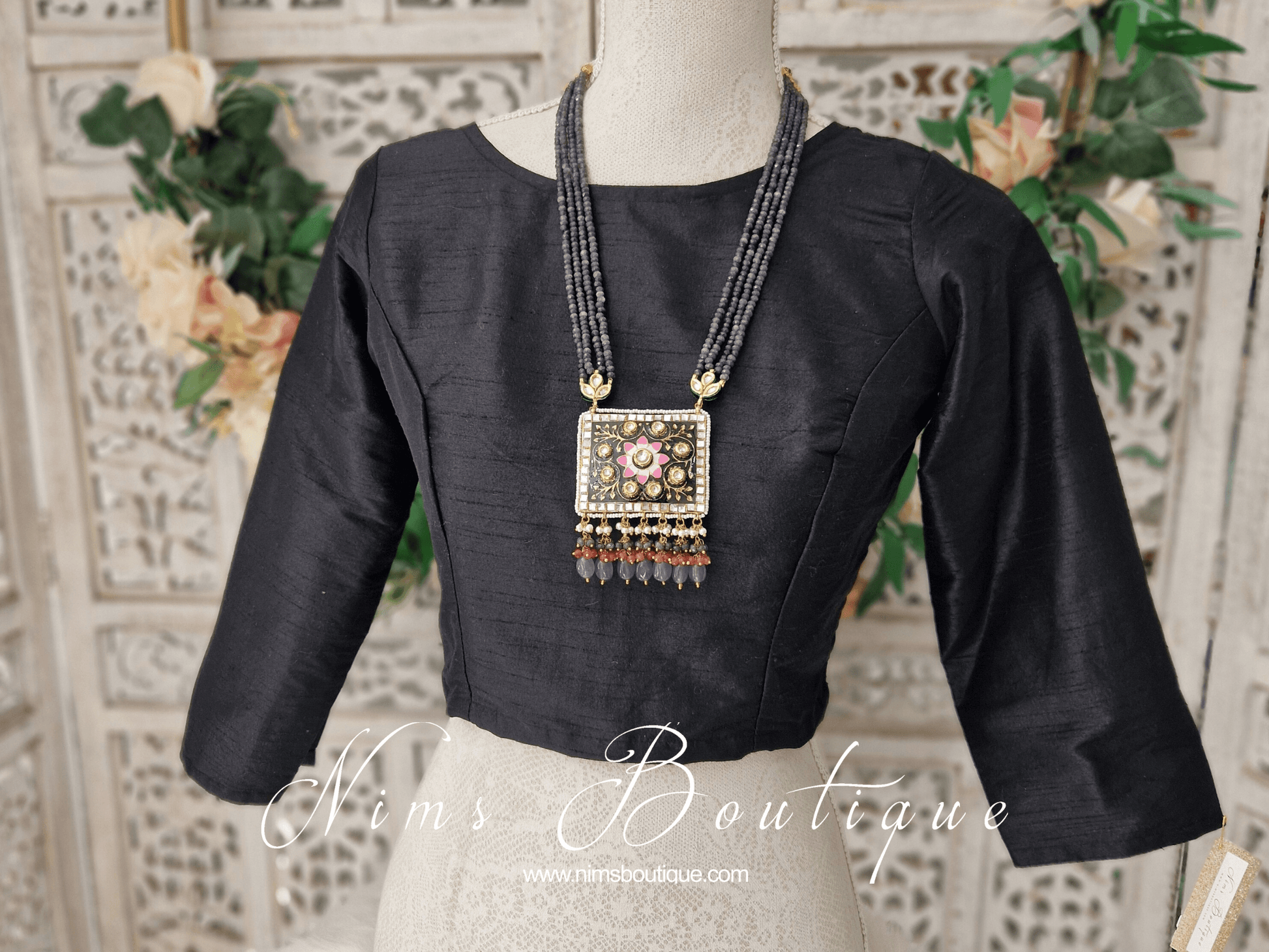 Nims Boutique Black Raw Silk High Neck Blouse with sleeves 4-26
