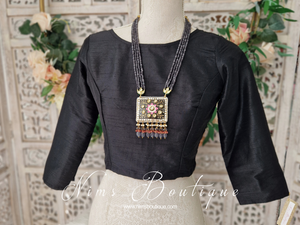 Black Raw Silk High Neck Blouse with sleeves (4-26)
