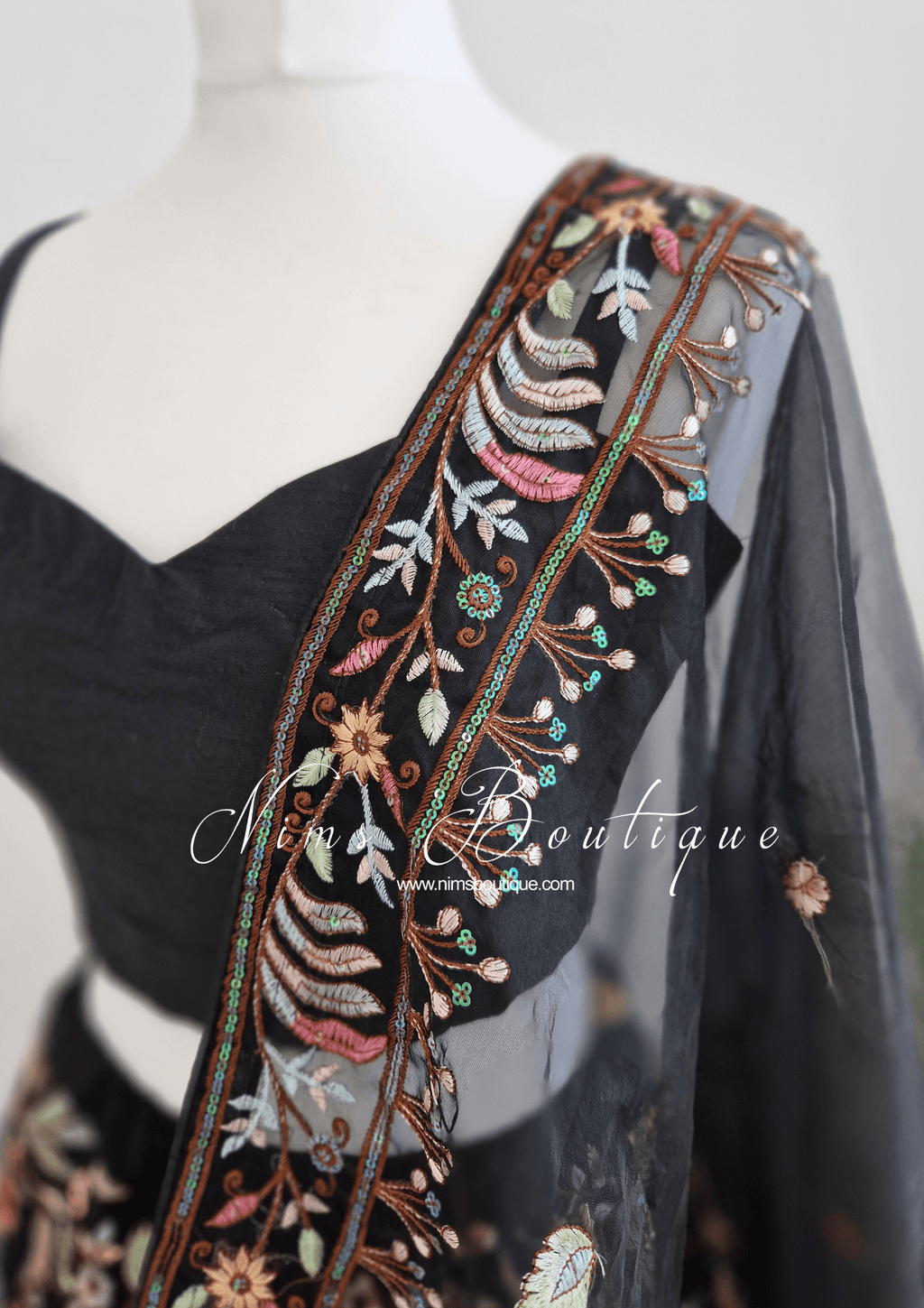Nims Boutique Sarika Luxury Black Organza Embroidered Dupatta/Chunni