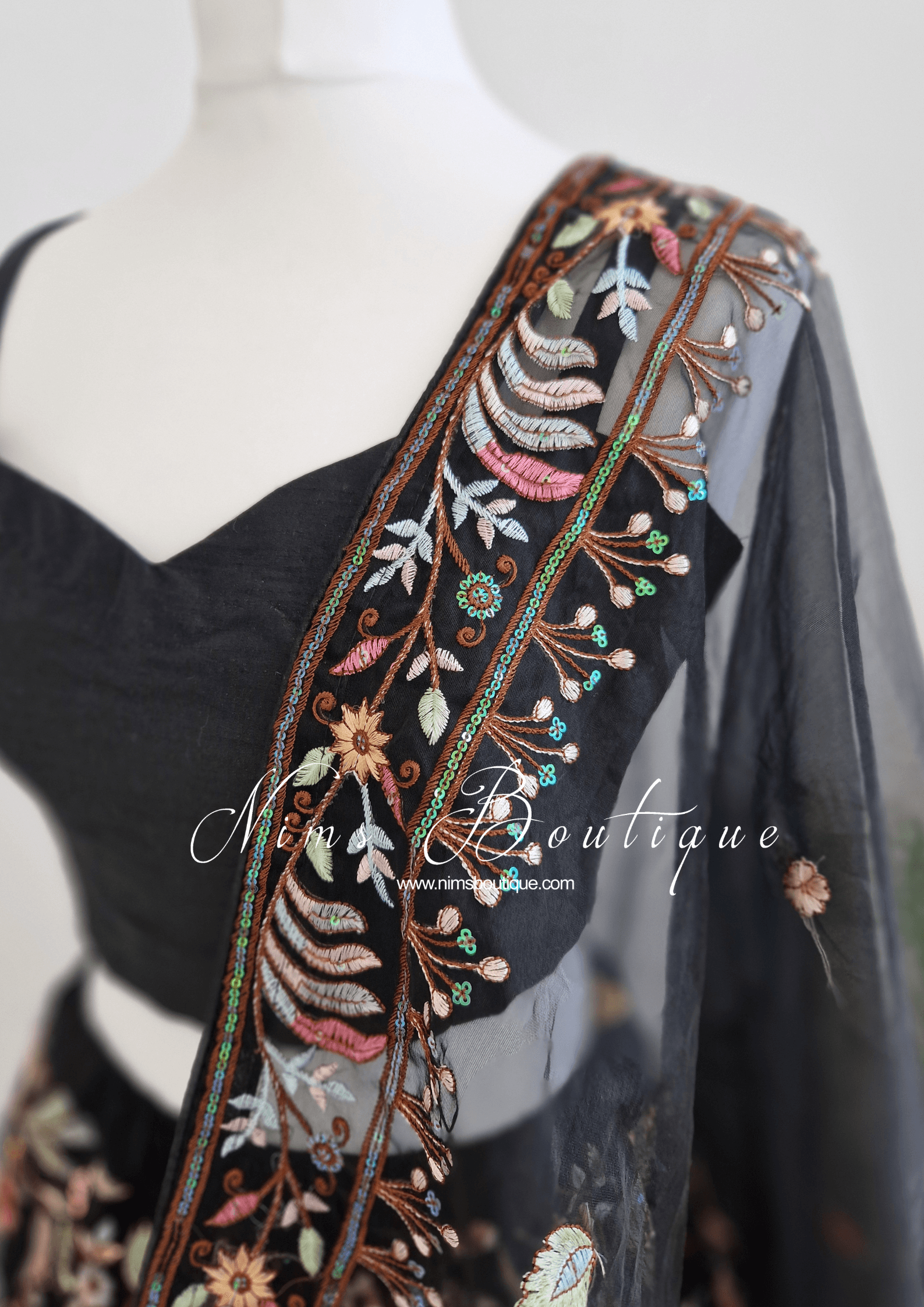 Nims Boutique Sarika Luxury Black Organza Embroidered Dupatta/Chunni