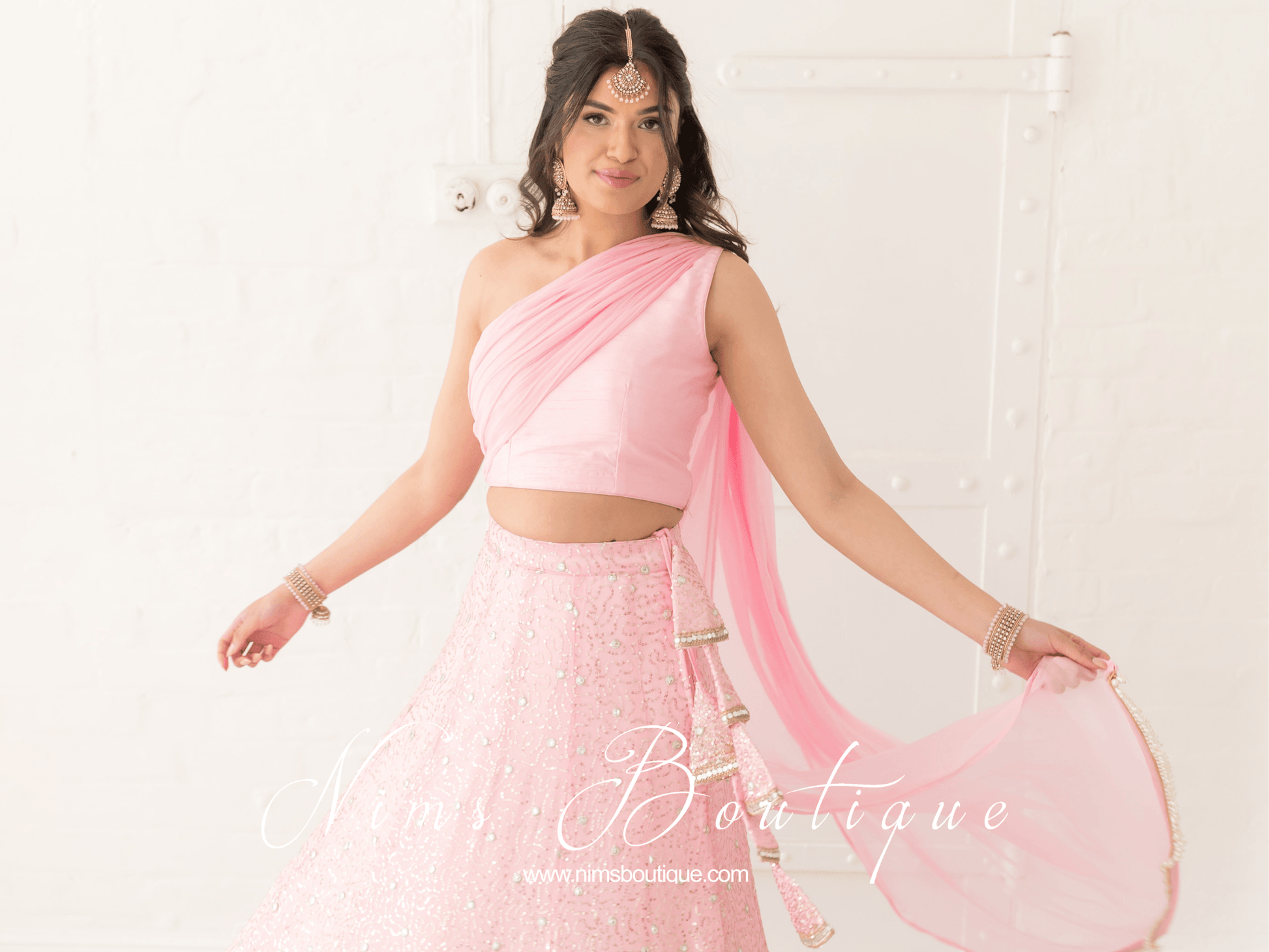 Nims Boutique Arya Baby Pink Luxury One Shoulder & Dupatta blouse 6-14