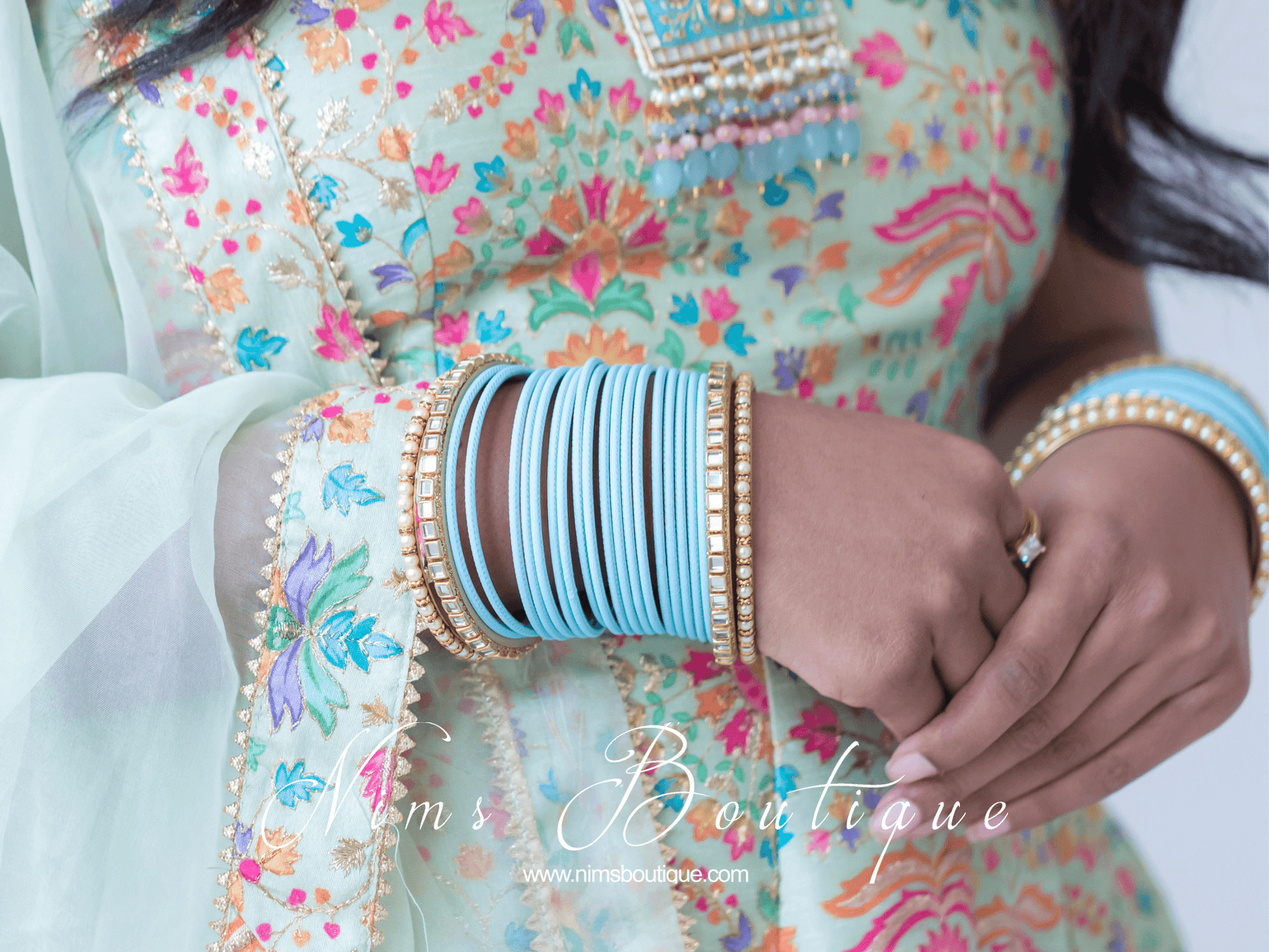 Nims Boutique Light Blue & Kundan Set of Bangles LBN