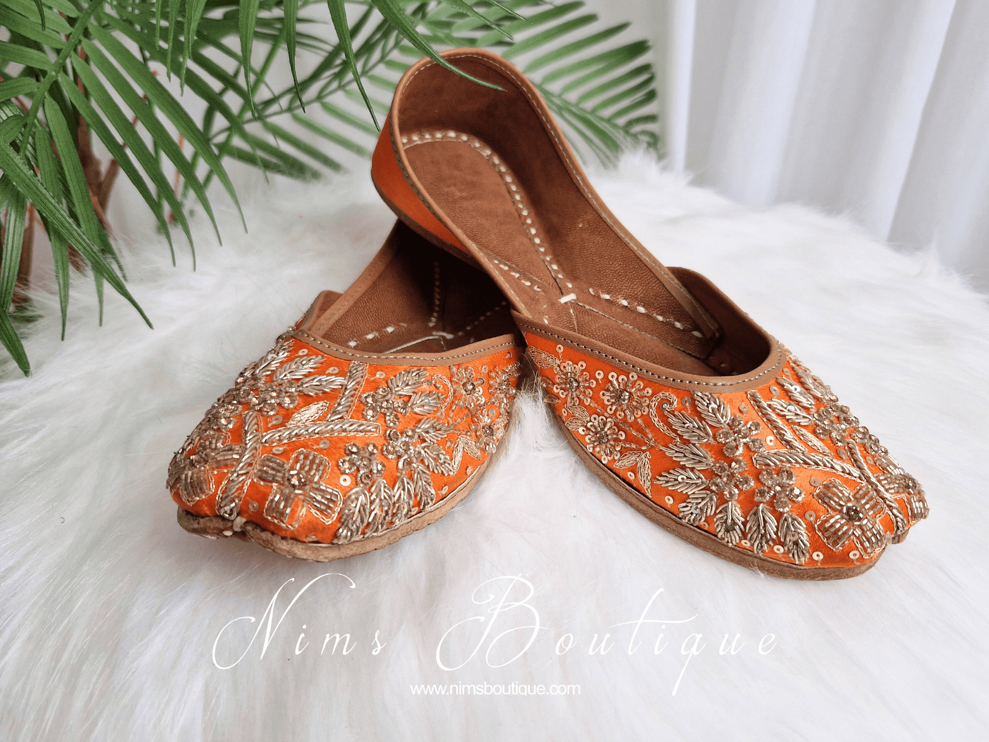 Nims Boutique Orange Embellished Leather Punjabi Juttis