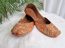 Orange Embellished Leather Punjabi Juttis