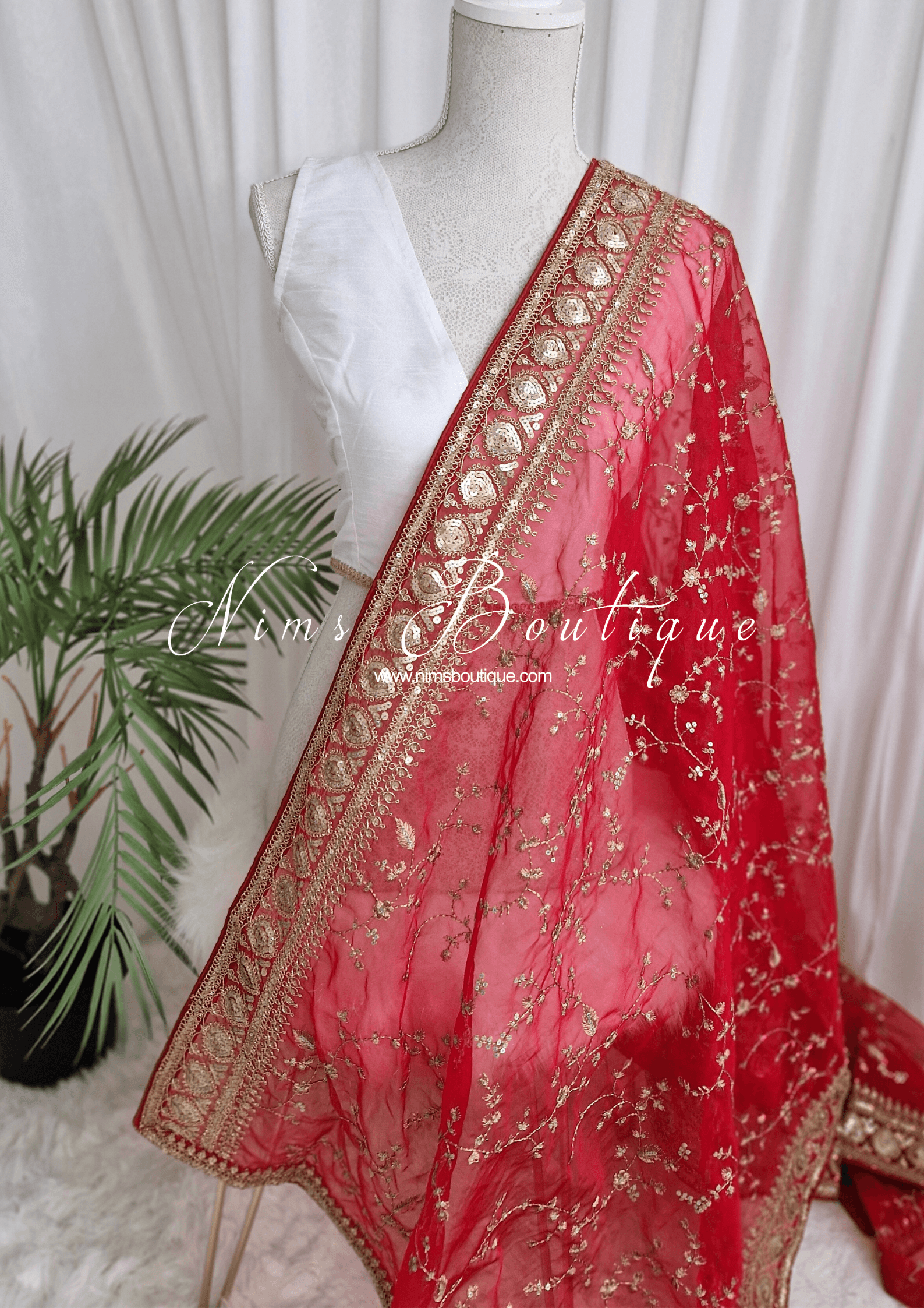 Nims Boutique Mahi Luxury Red Organza Embroidered Dupatta/Chunni